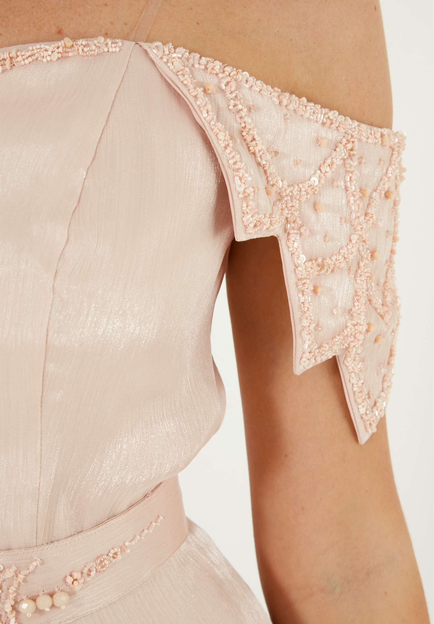 Simple And Elegant embroidered Off Shoulder Silk Dress With Cap Sleeves