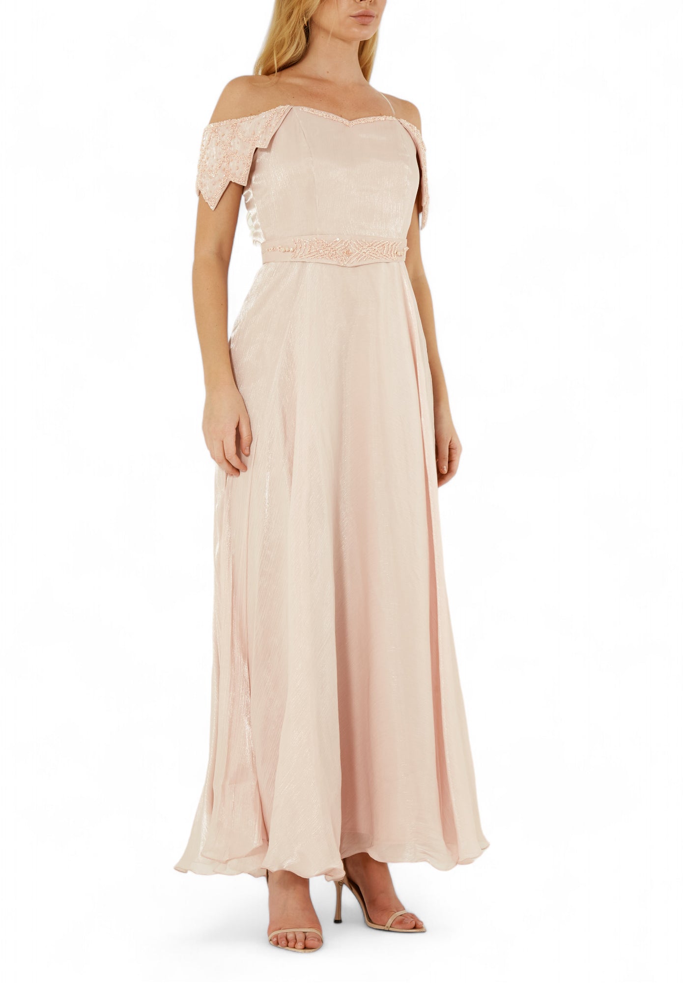 Simple And Elegant embroidered Off Shoulder Silk Dress With Cap Sleeves