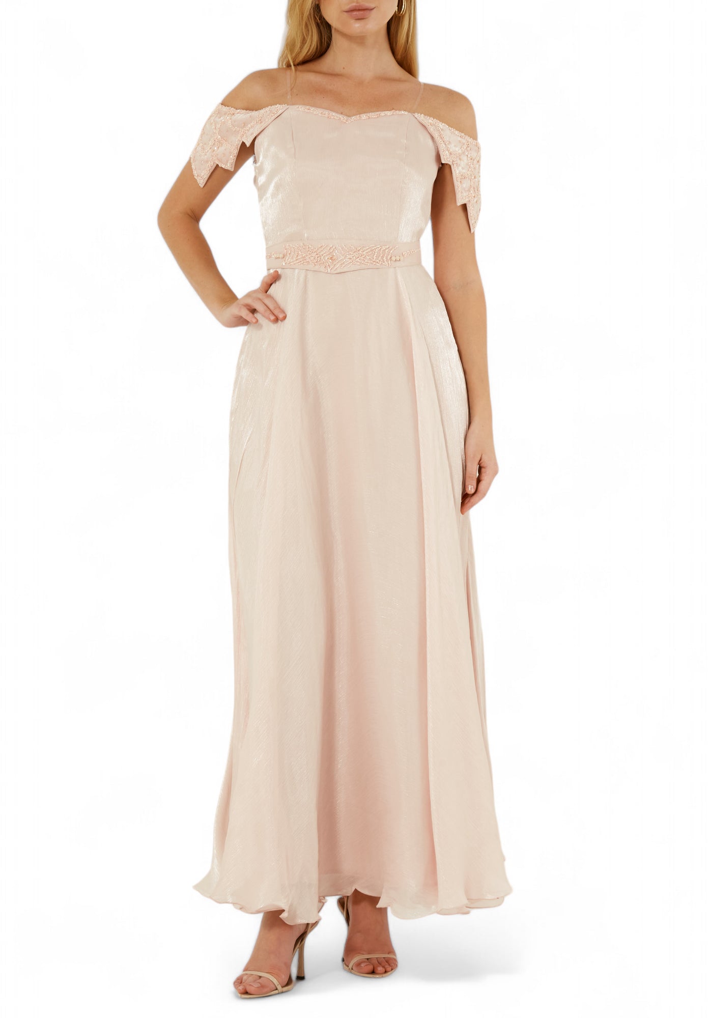 Simple And Elegant embroidered Off Shoulder Silk Dress With Cap Sleeves