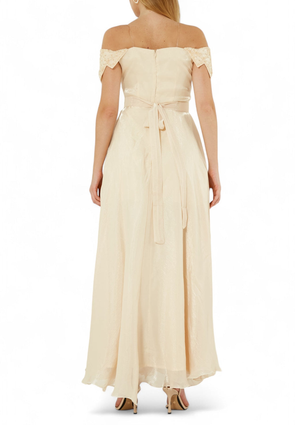 Simple And Elegant embroidered Off Shoulder Silk Dress With Cap Sleeves