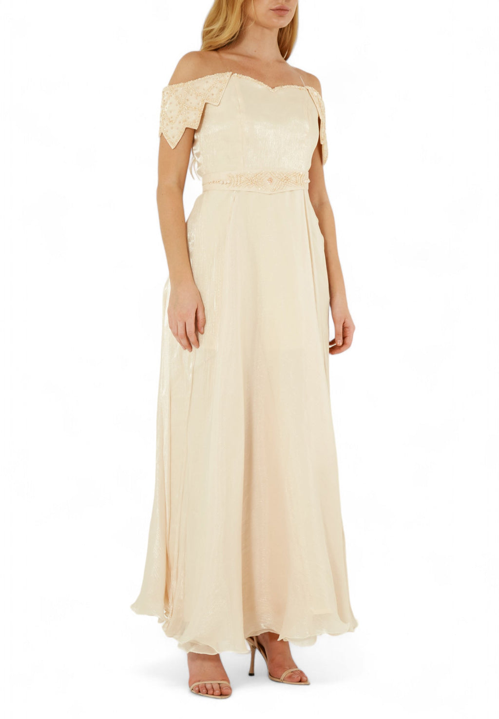 Simple And Elegant embroidered Off Shoulder Silk Dress With Cap Sleeves