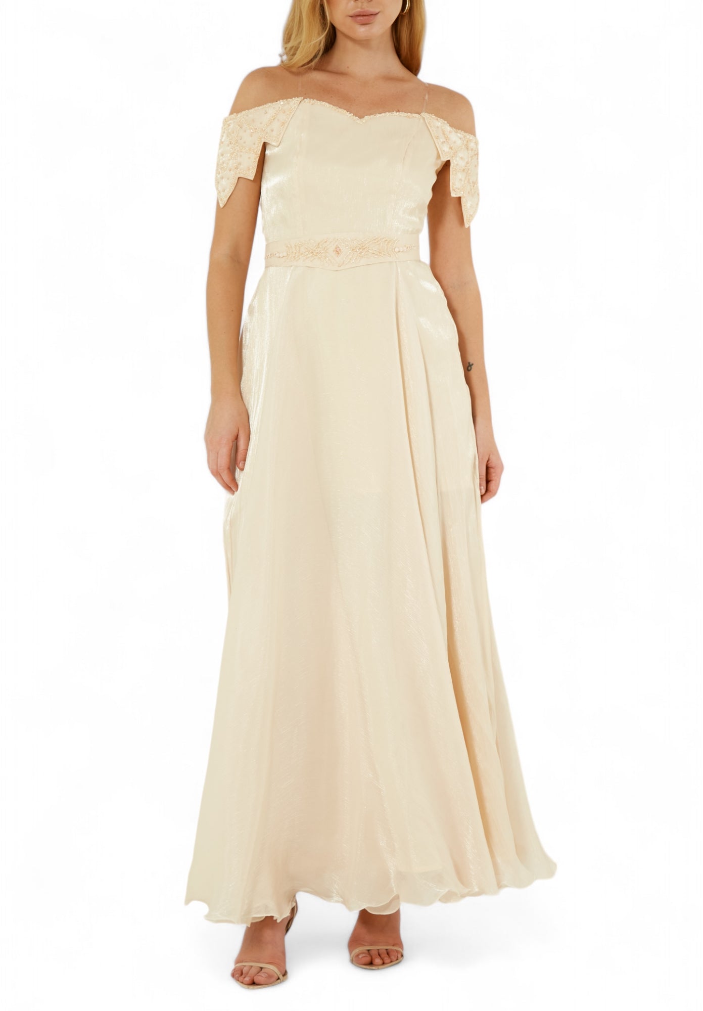 Simple And Elegant embroidered Off Shoulder Silk Dress With Cap Sleeves