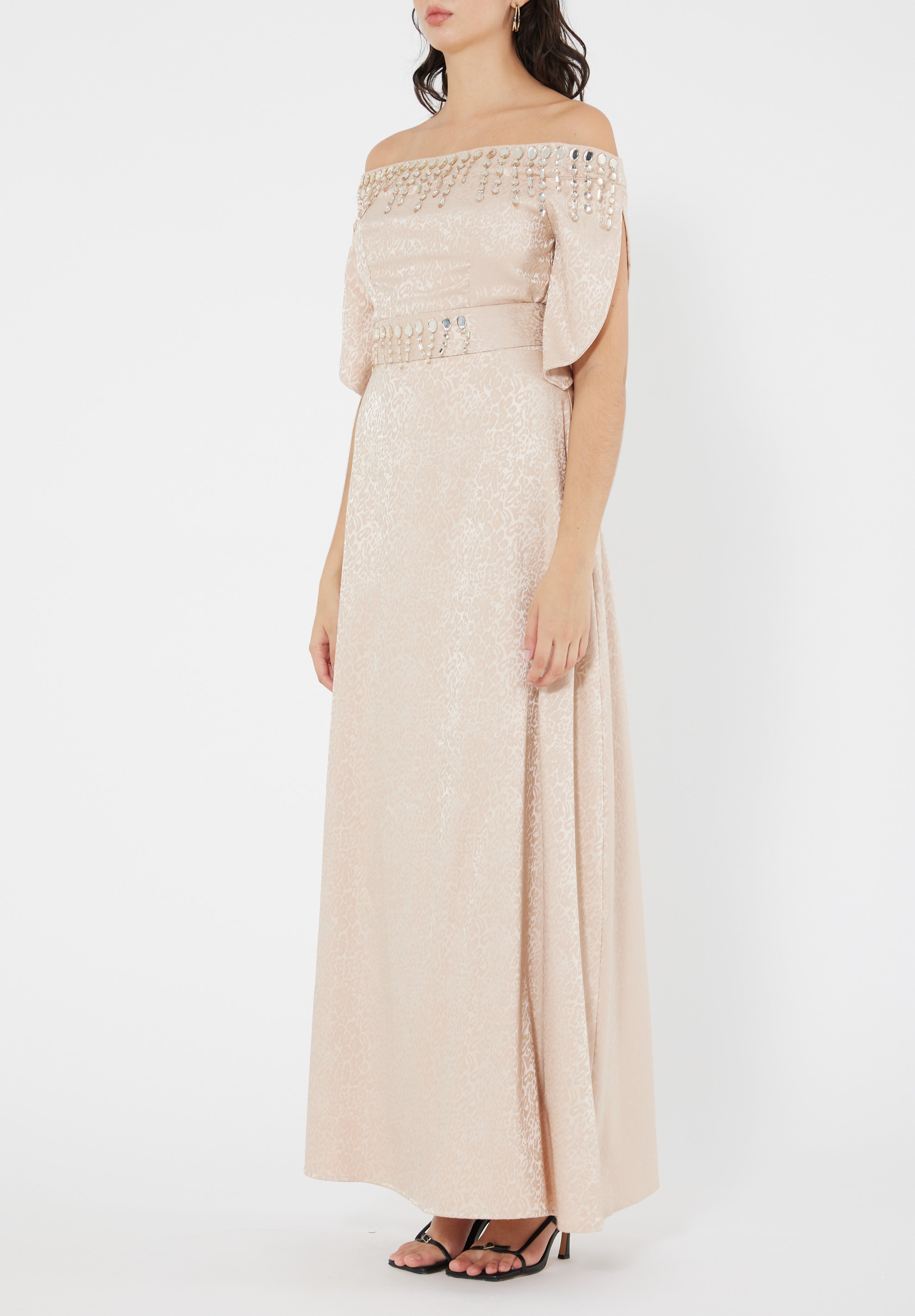 Stunning Fit And Flare Long Embroidered Dress With Off Shoulder Neckline And Half Sleeves