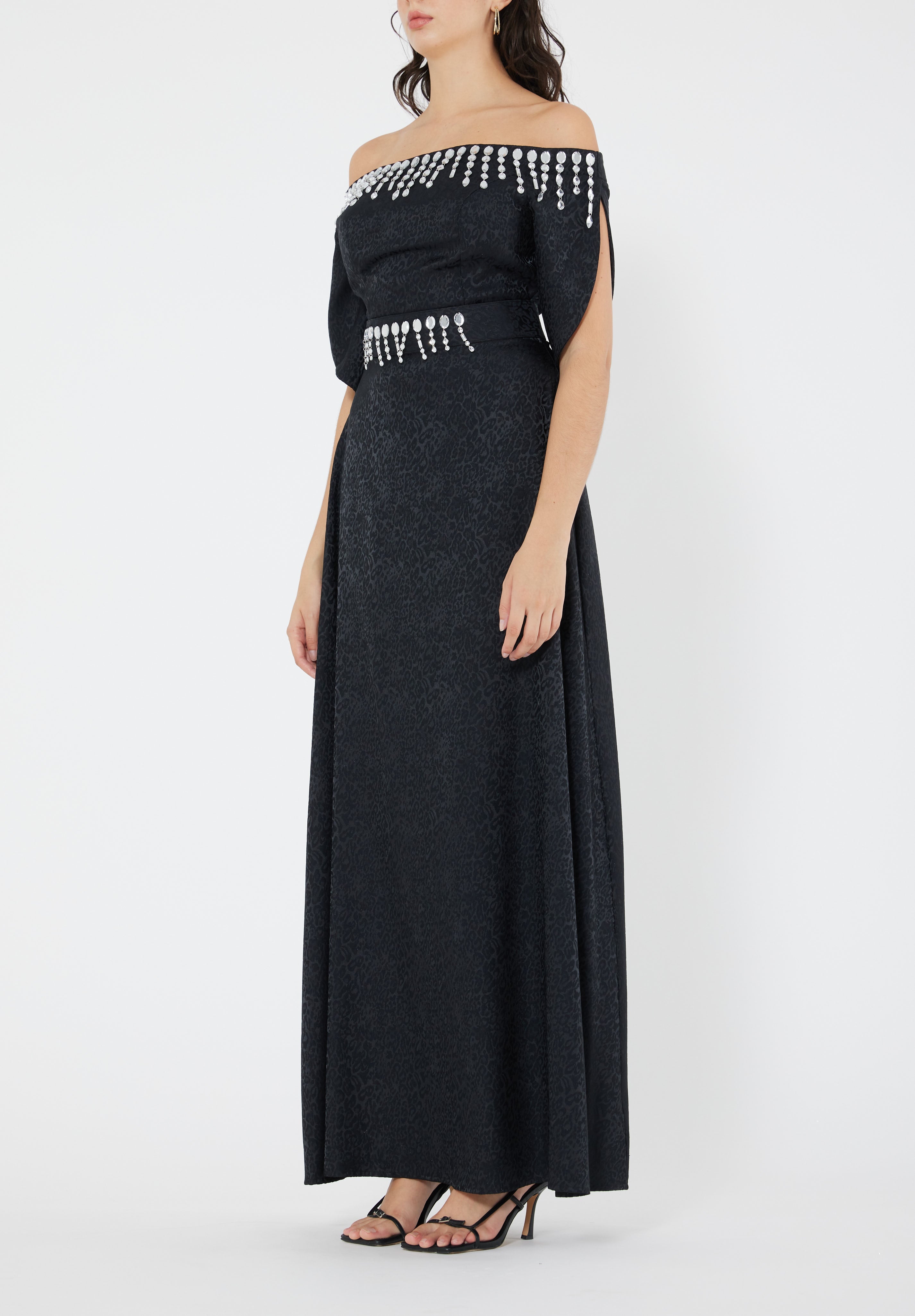 Stunning Fit And Flare Long Embroidered Dress With Off Shoulder Neckline And Half Sleeves