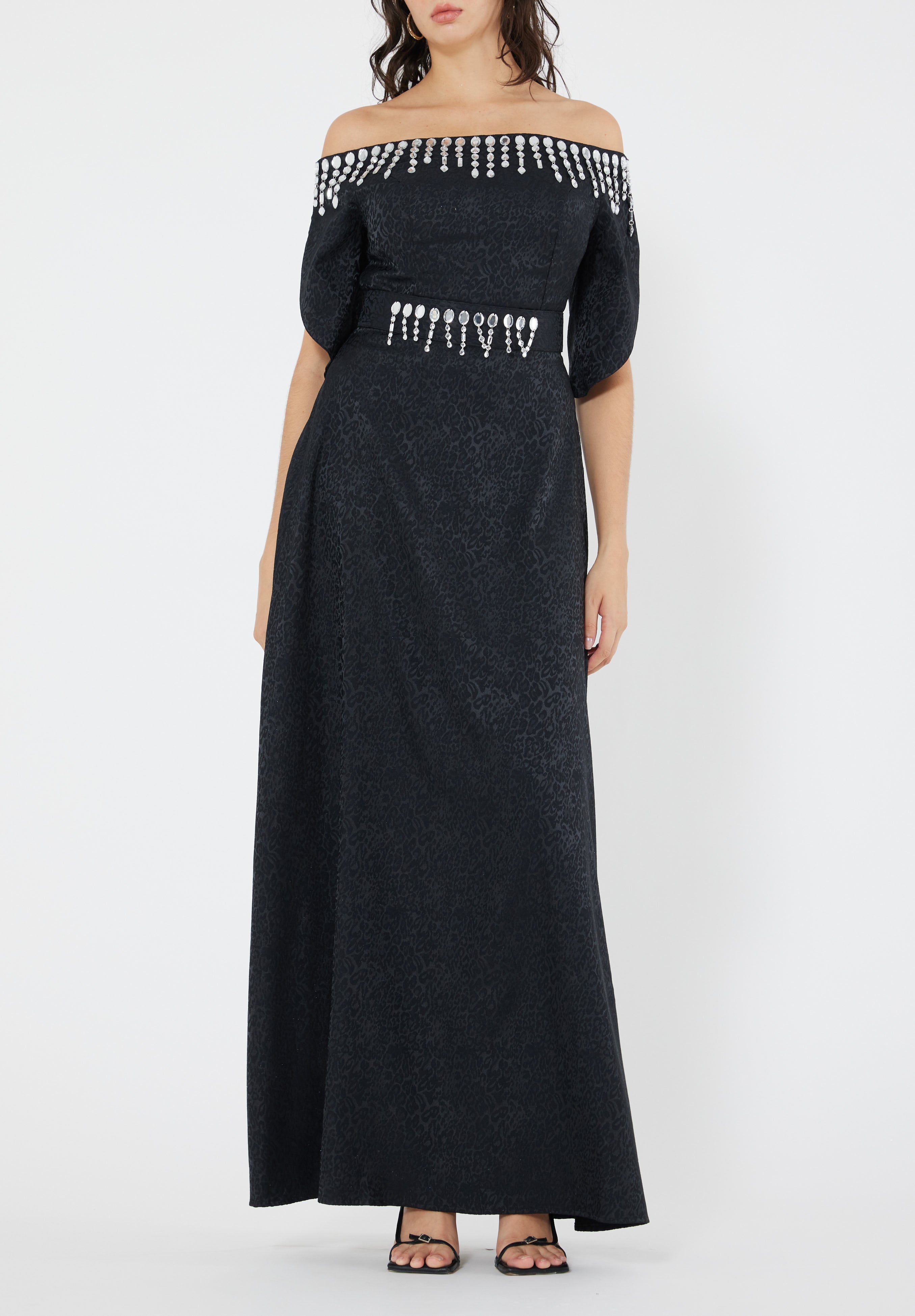 Stunning Fit And Flare Long Embroidered Dress With Off Shoulder Neckline And Half Sleeves