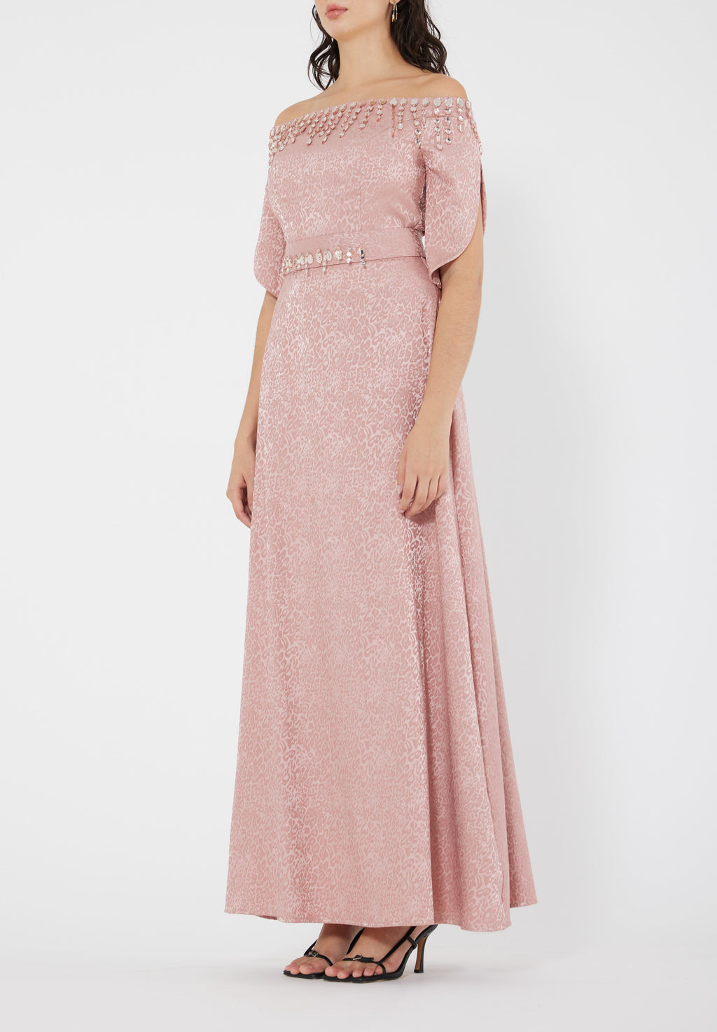 Stunning Fit And Flare Long Embroidered Dress With Off Shoulder Neckline And Half Sleeves