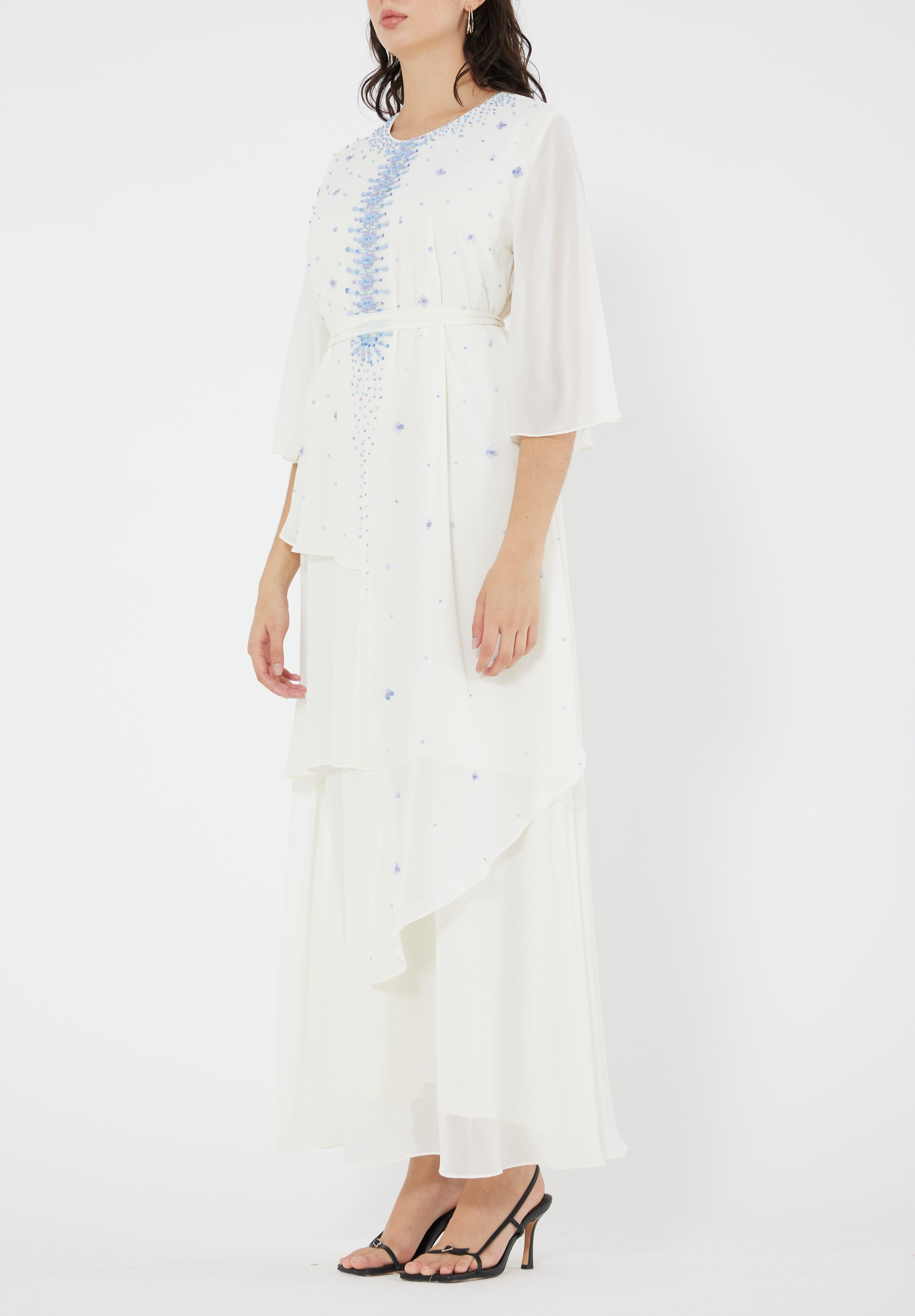 Beautiful Embroidered Asymmetrical Chiffon Long Dress