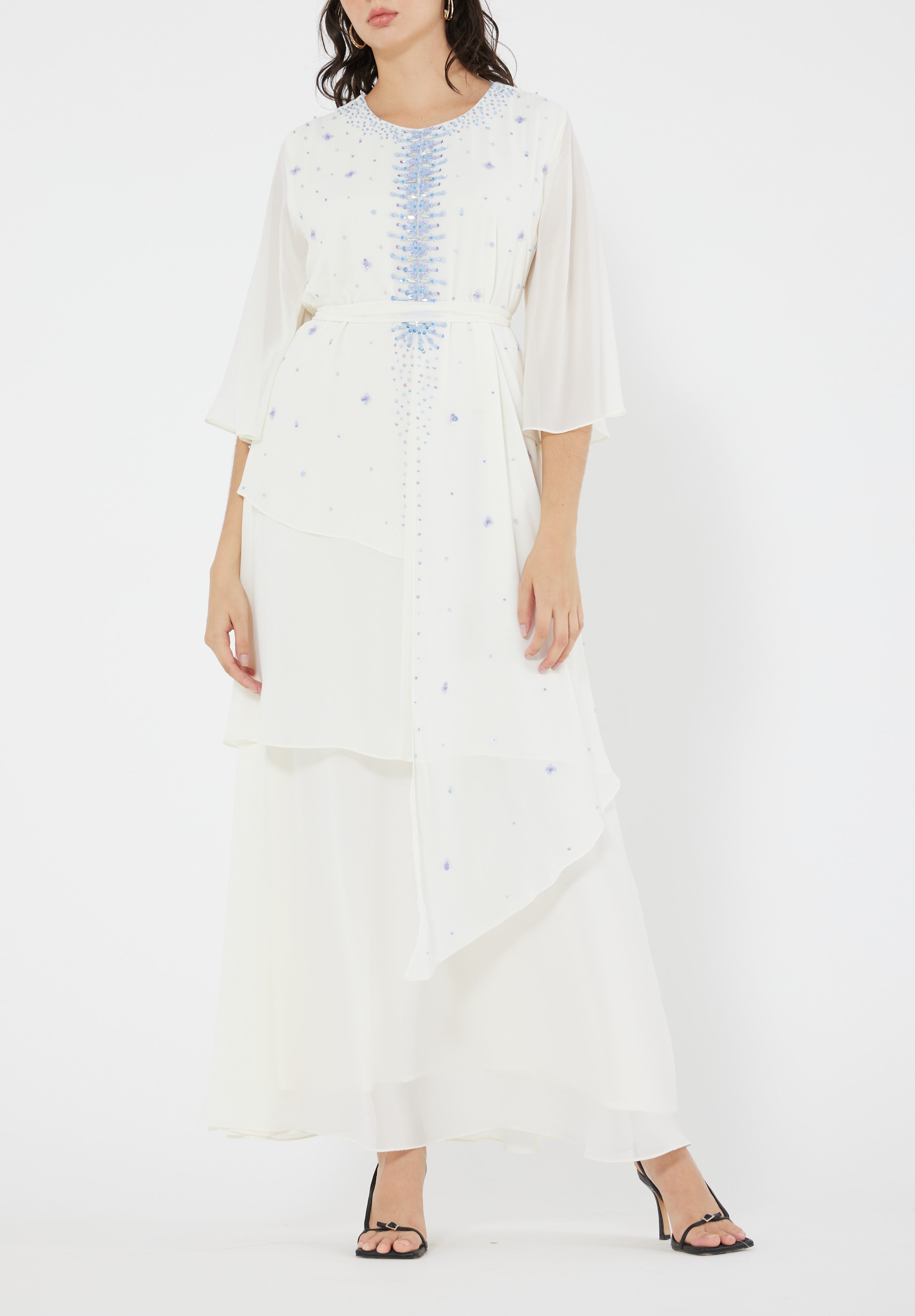 Beautiful Embroidered Asymmetrical Chiffon Long Dress