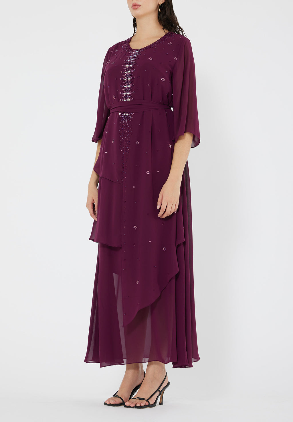 Beautiful Embroidered Asymmetrical Chiffon Long Dress