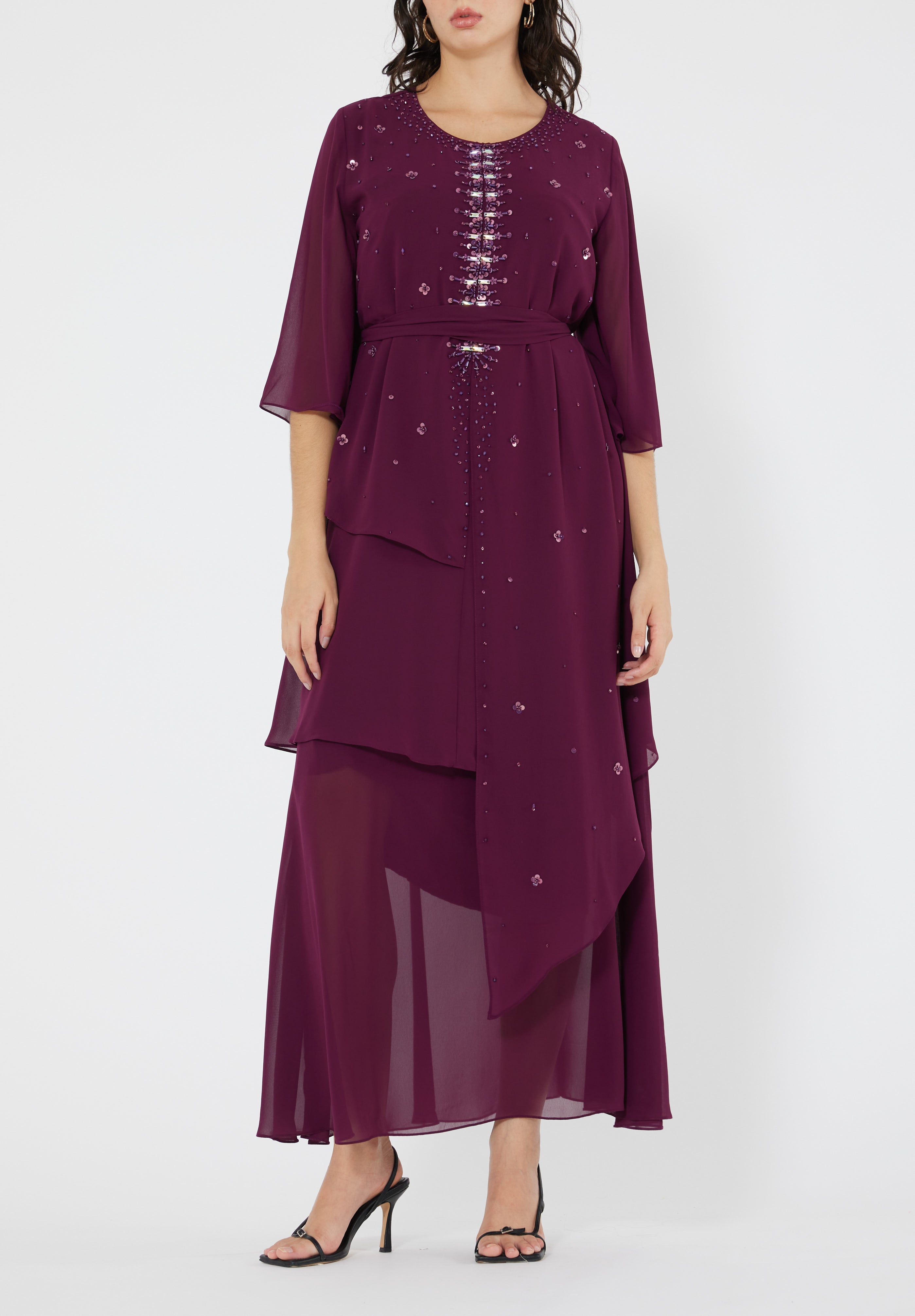 Beautiful Embroidered Asymmetrical Chiffon Long Dress