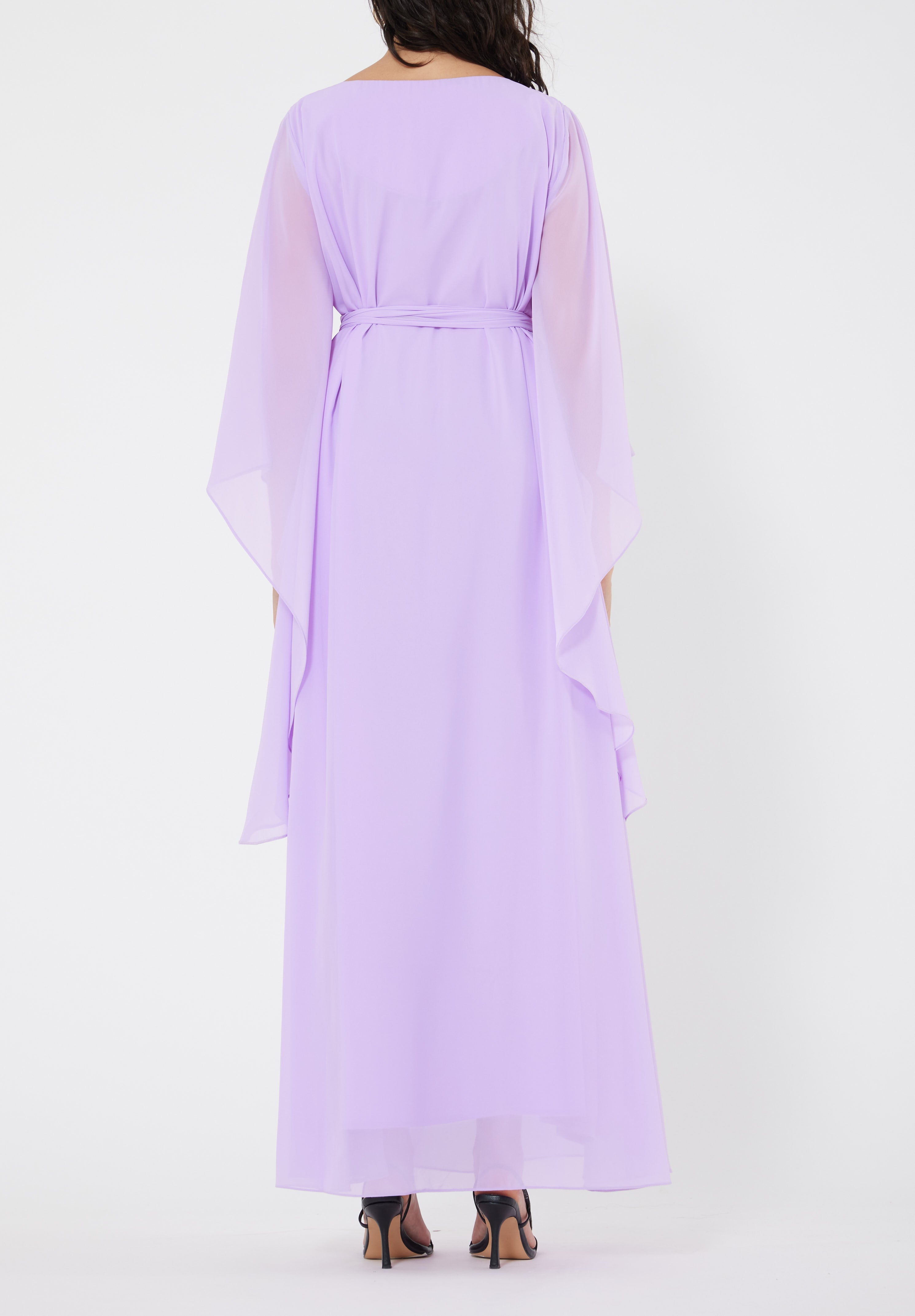 Stunning Embroidered Chiffon Loose Fit Jalabiya With V-Neckline And Flared Sleeves