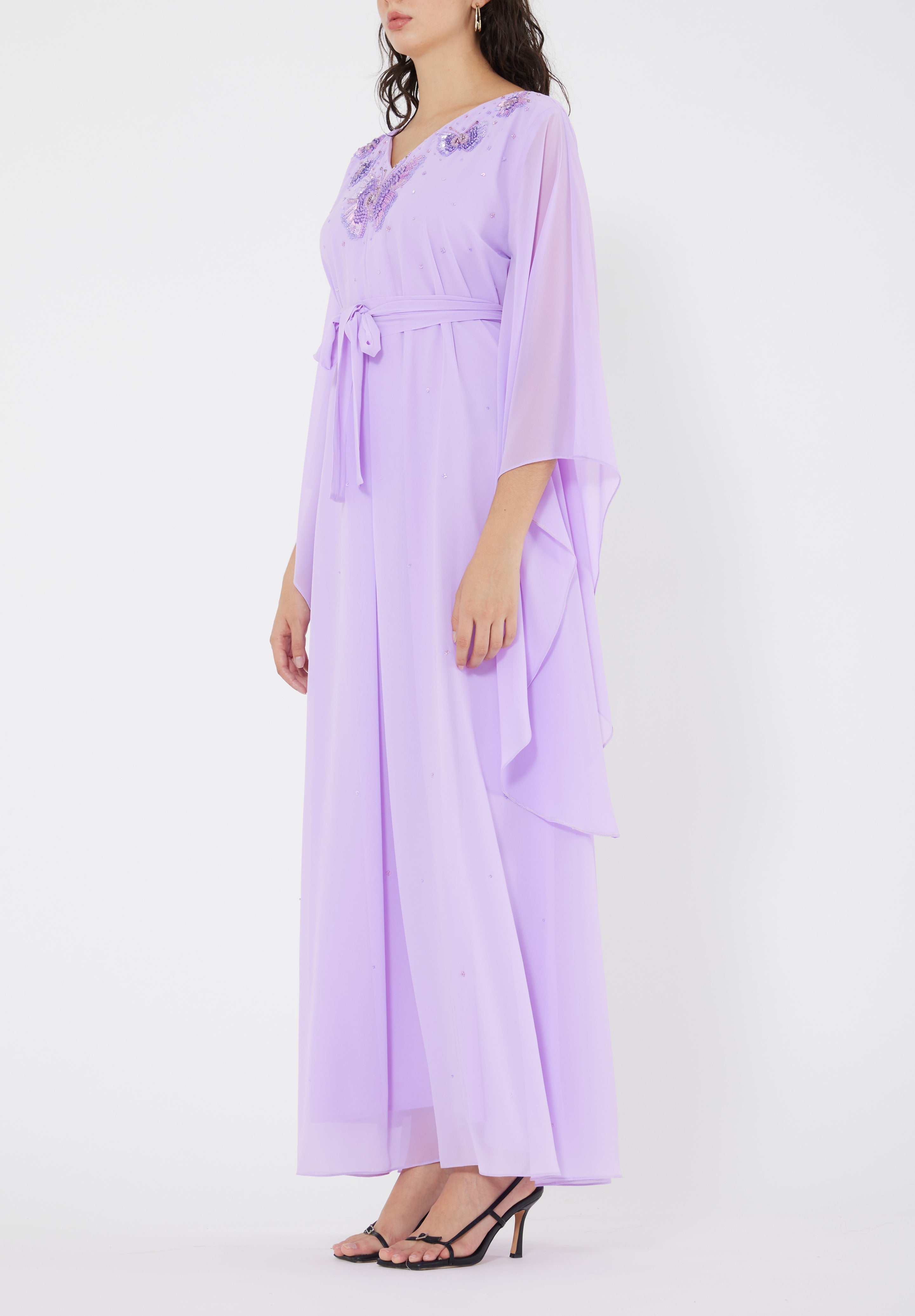 Stunning Embroidered Chiffon Loose Fit Jalabiya With V-Neckline And Flared Sleeves