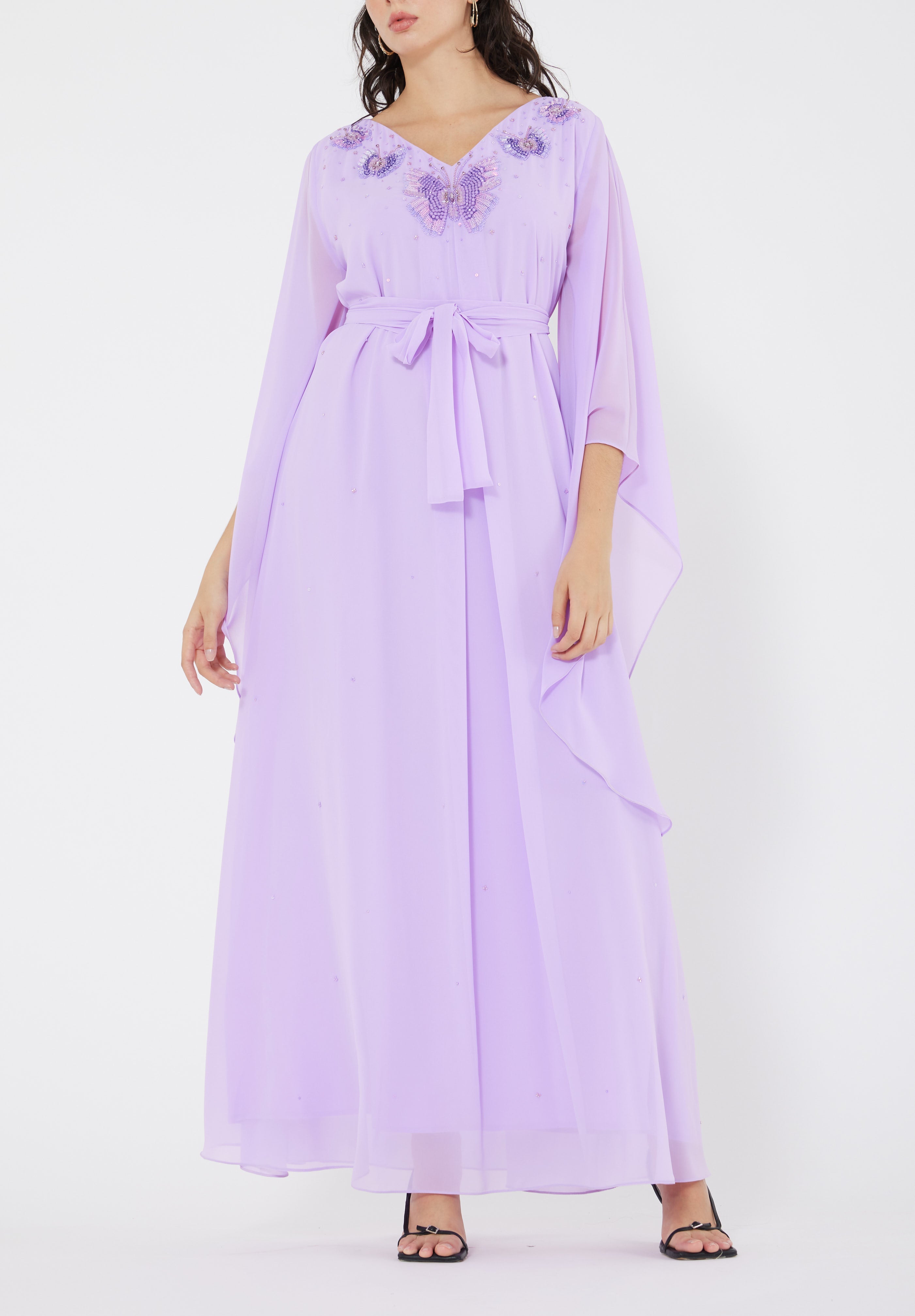 Stunning Embroidered Chiffon Loose Fit Jalabiya With V-Neckline And Flared Sleeves