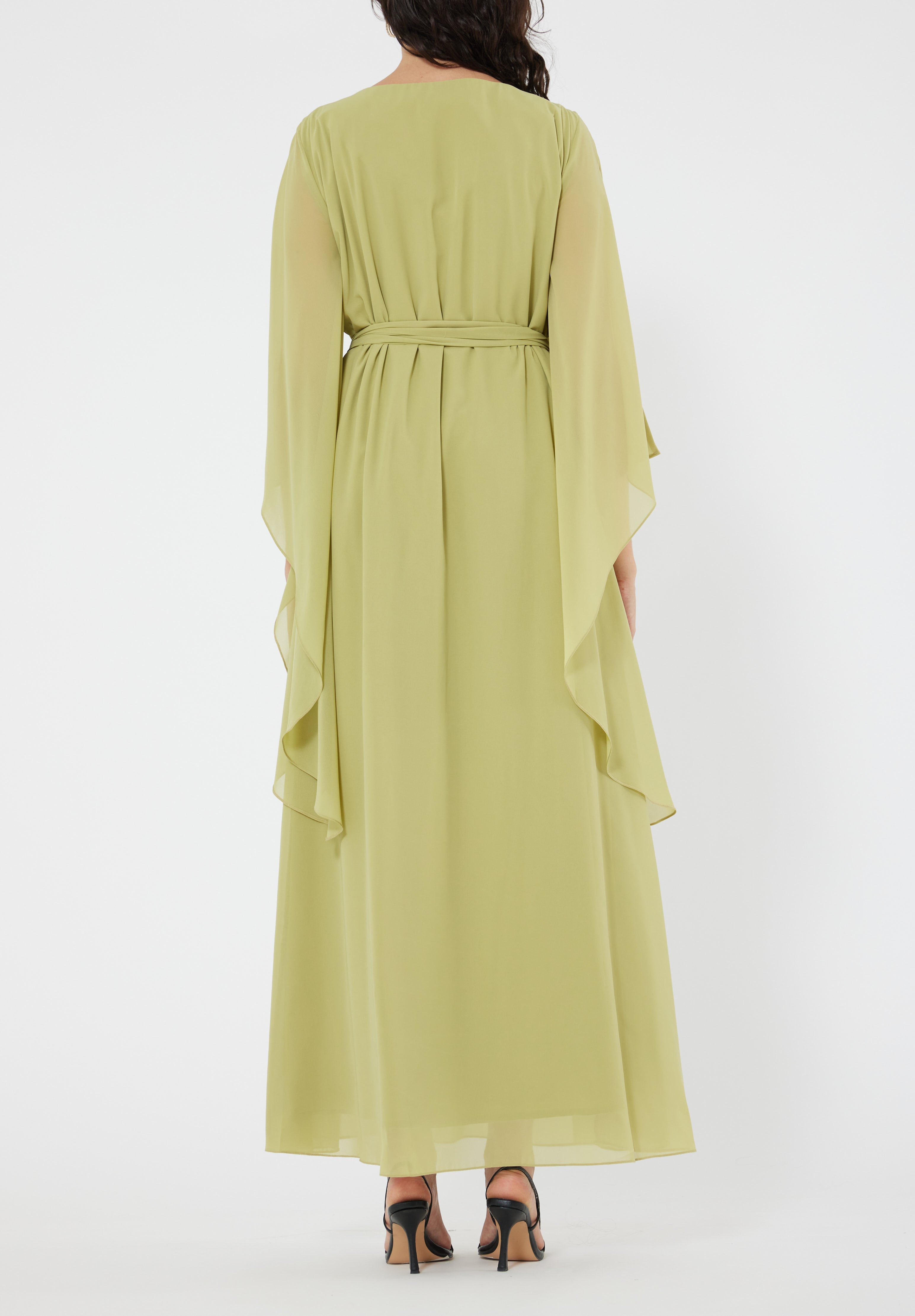 Stunning Embroidered Chiffon Loose Fit Jalabiya With V-Neckline And Flared Sleeves