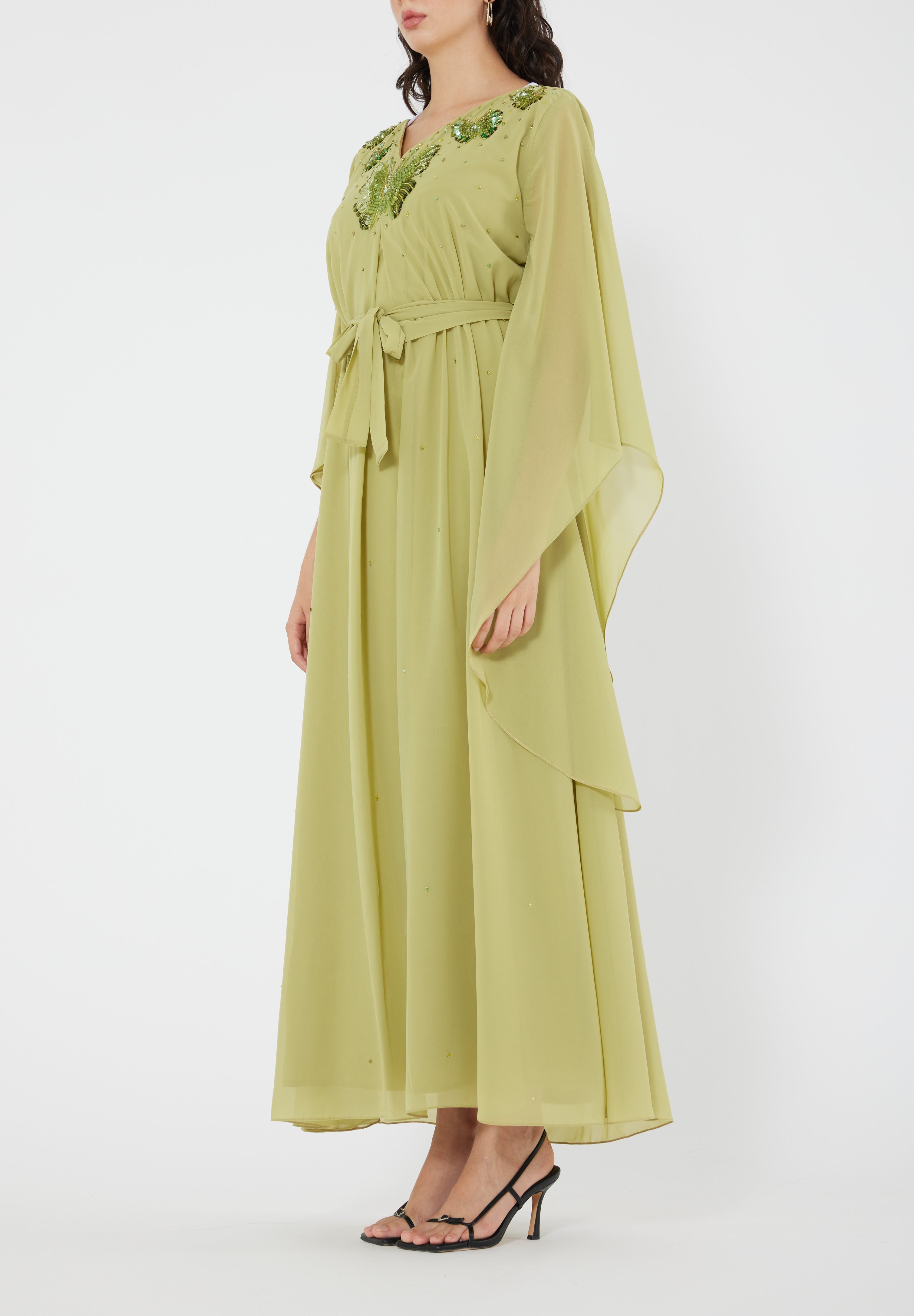 Stunning Embroidered Chiffon Loose Fit Jalabiya With V-Neckline And Flared Sleeves