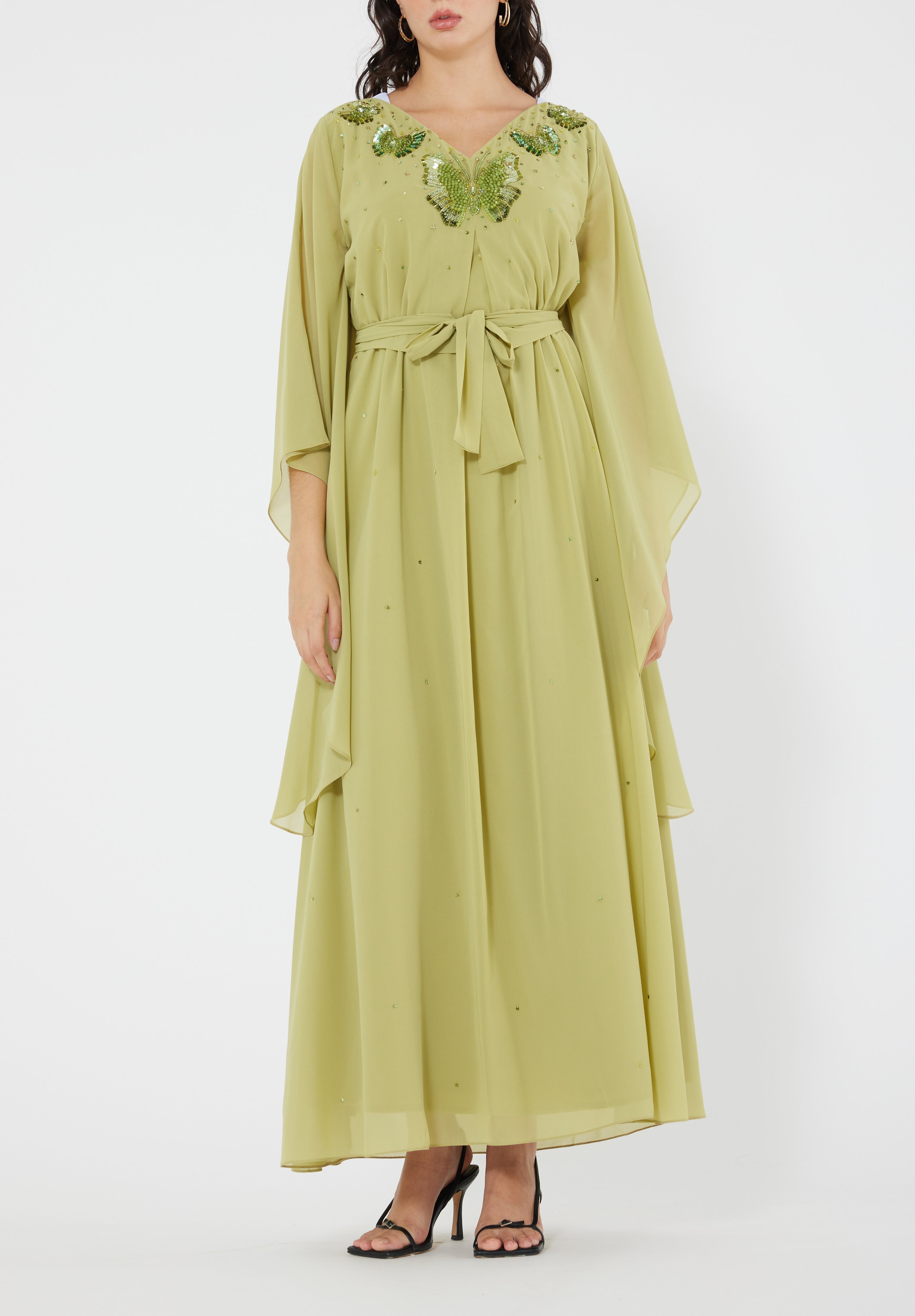 Stunning Embroidered Chiffon Loose Fit Jalabiya With V-Neckline And Flared Sleeves