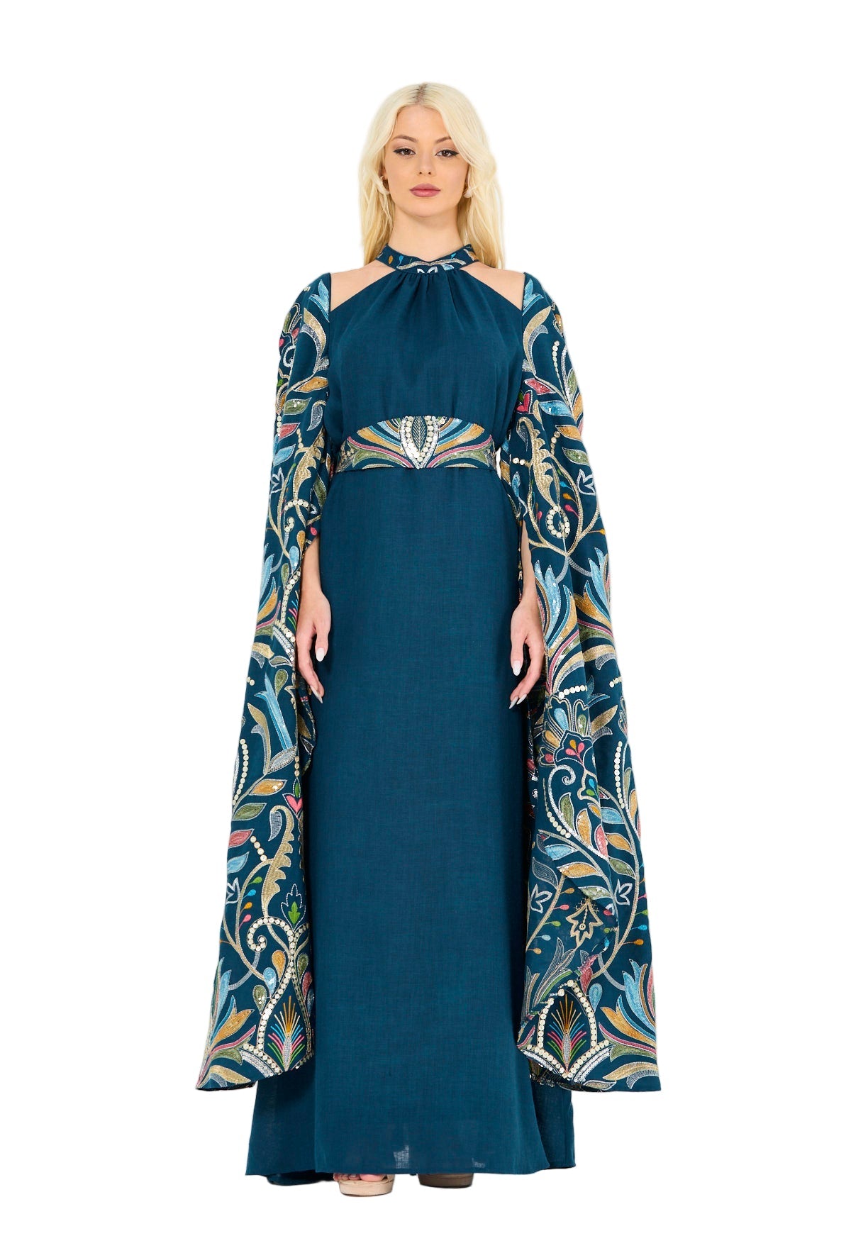 Floral Embroidered Cape Dress