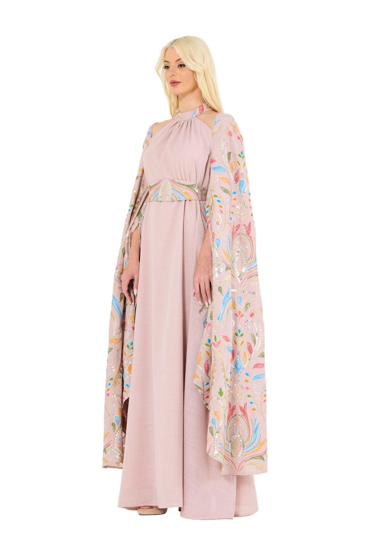 Floral Embroidered Cape Dress