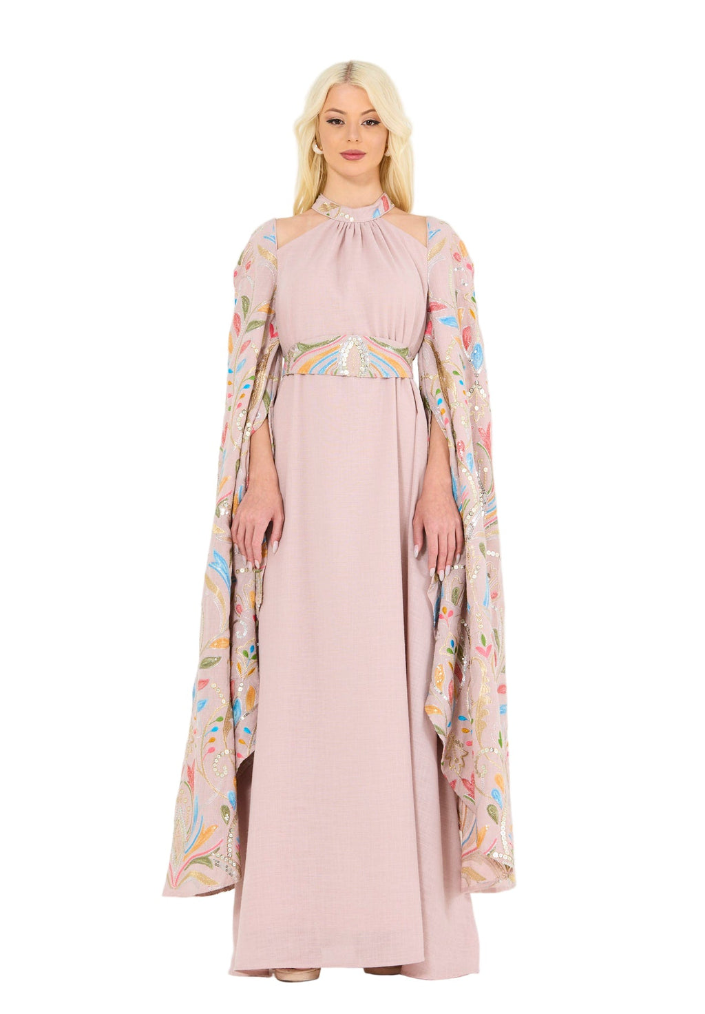 Floral Embroidered Cape Dress