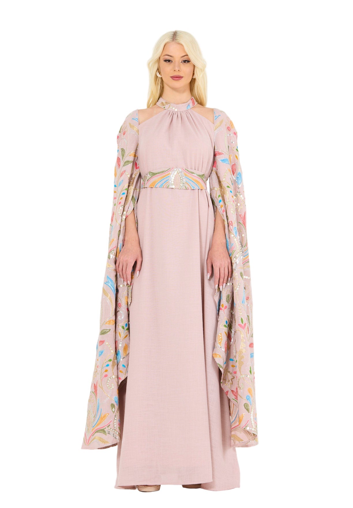 Floral Embroidered Cape Dress