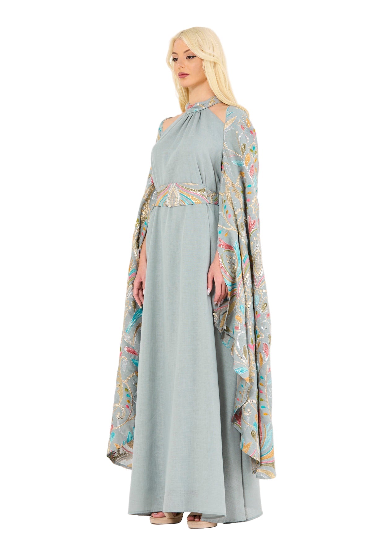 Floral Embroidered Cape Dress