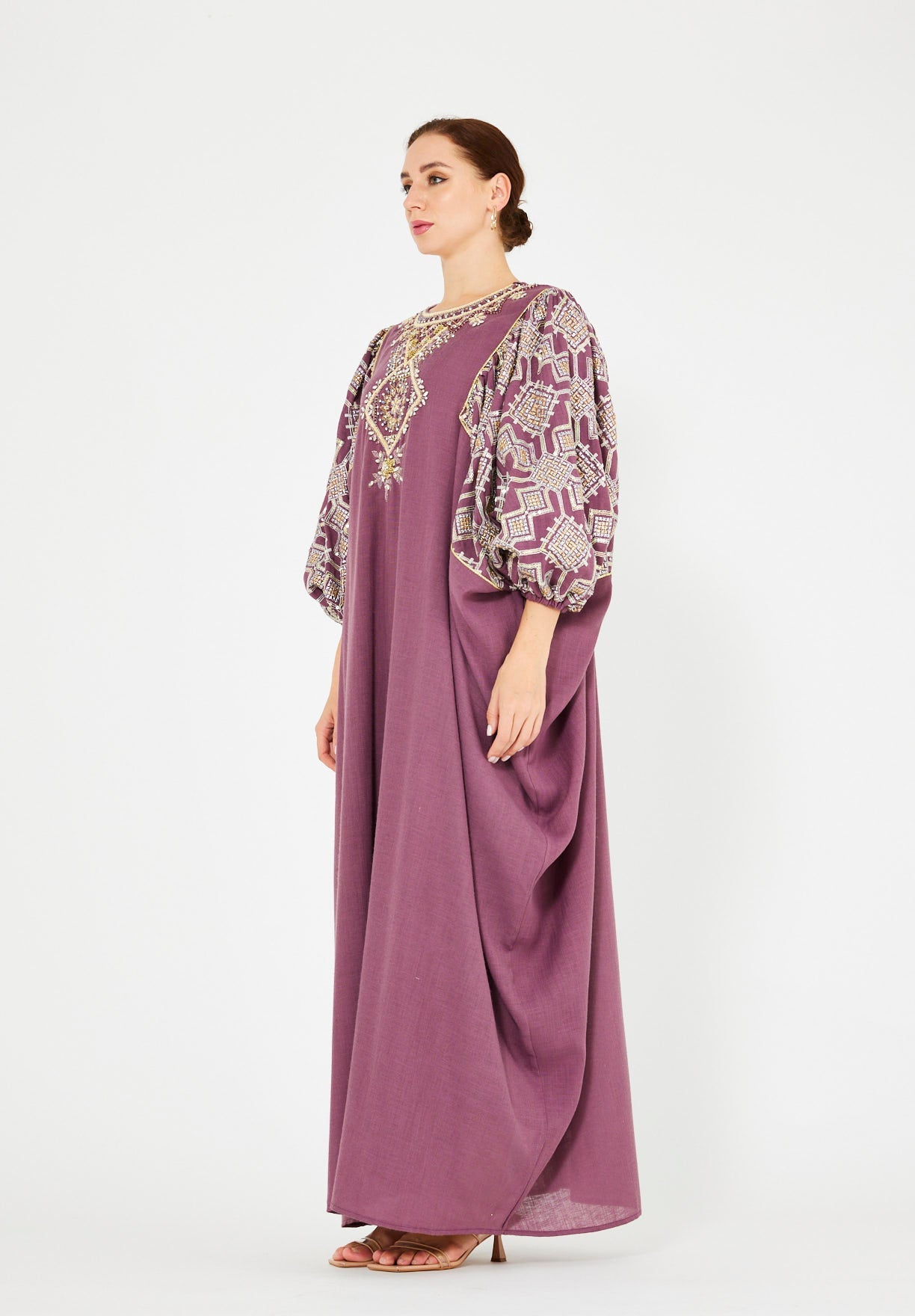 Bead Embellished Cowl Draped Kaftan Dress