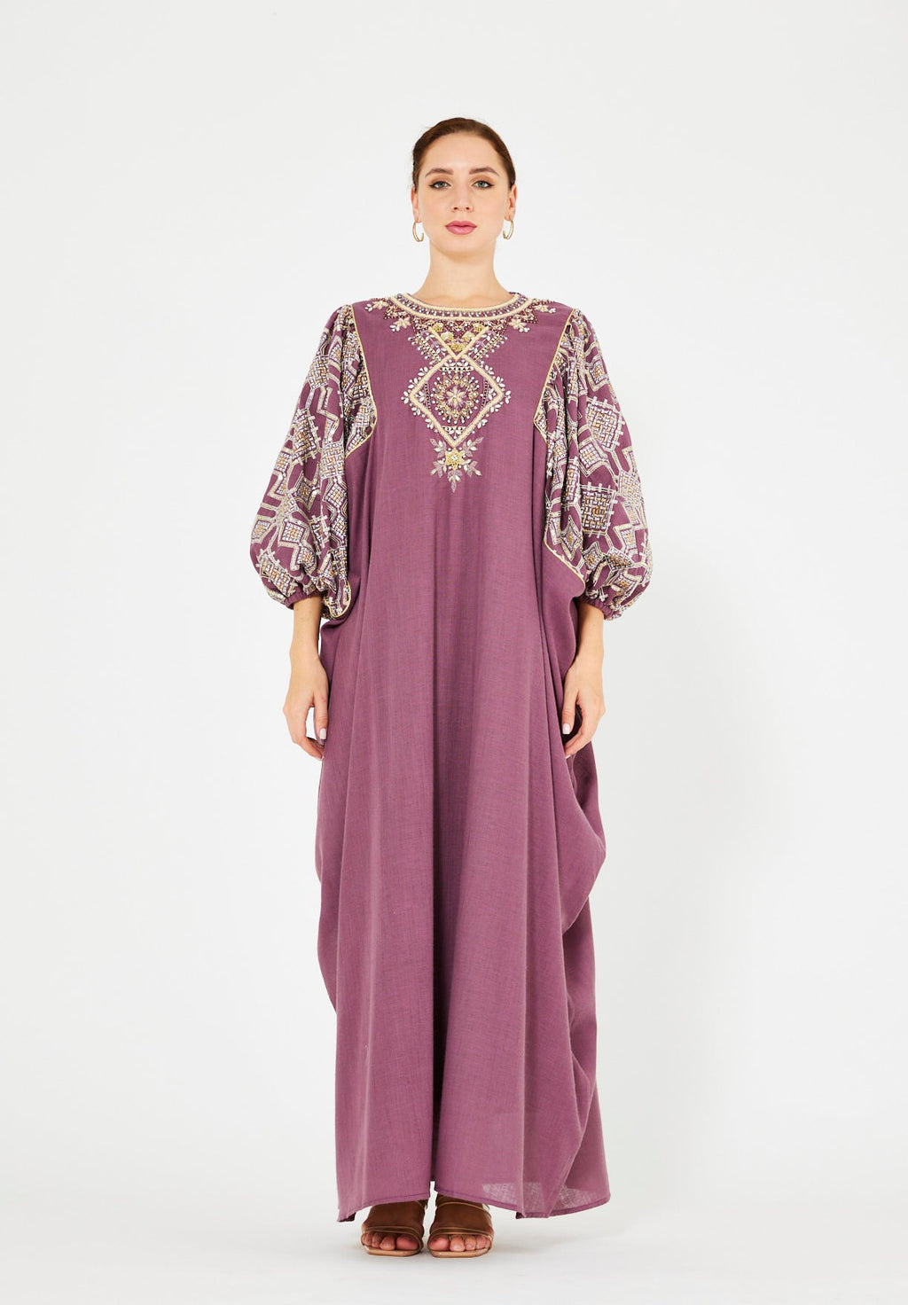 Bead Embellished Cowl Draped Kaftan Dress