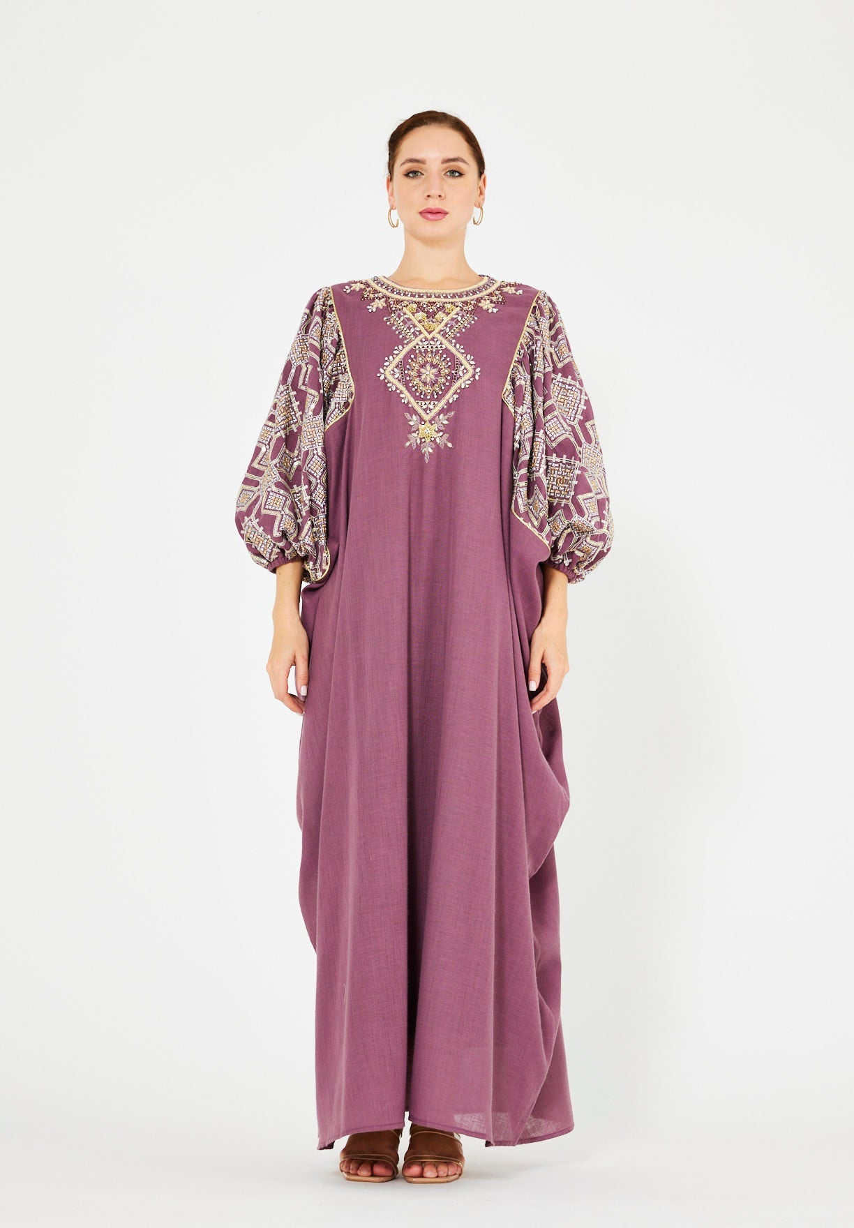 Bead Embellished Cowl Draped Kaftan Dress