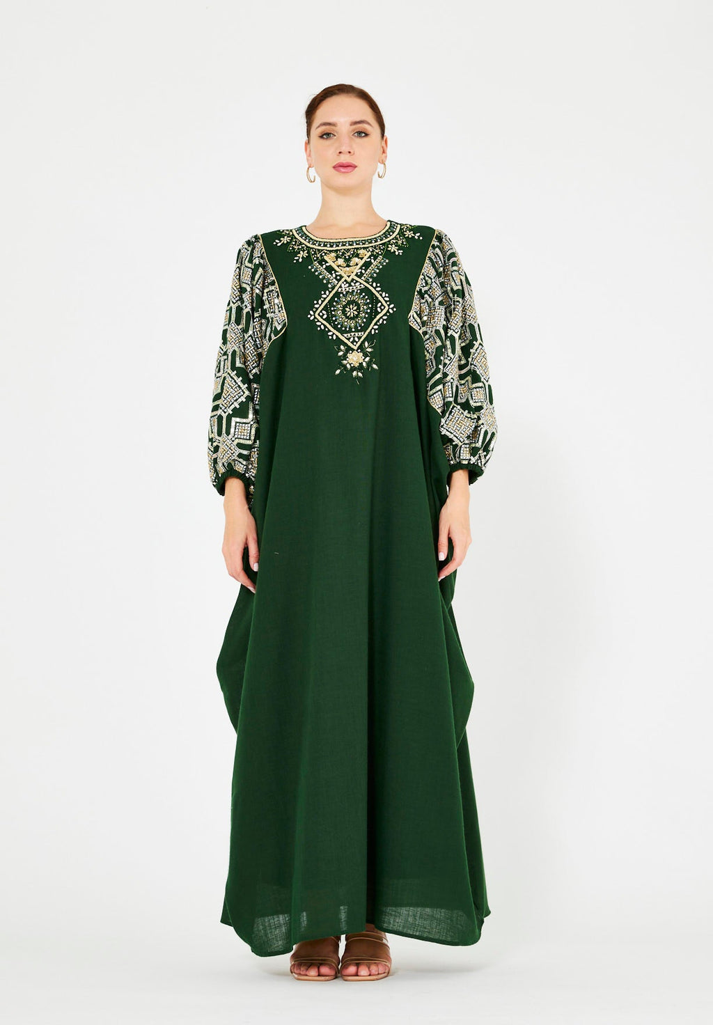 Bead Embellished Cowl Draped Kaftan Dress