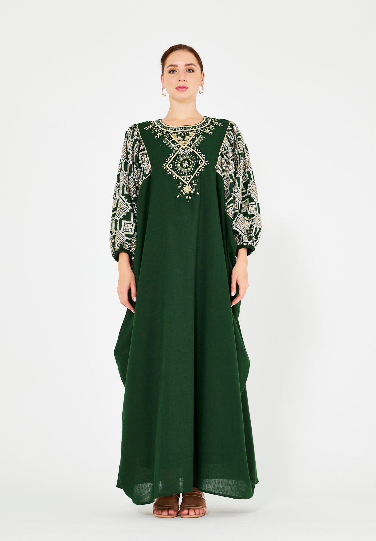 Bead Embellished Cowl Draped Kaftan Dress