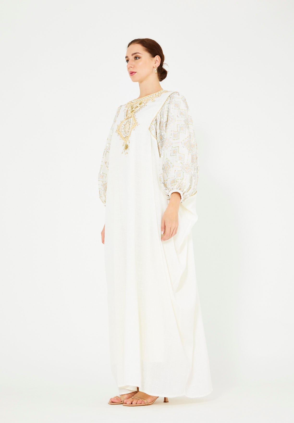 Bead Embellished Cowl Draped Kaftan Dress