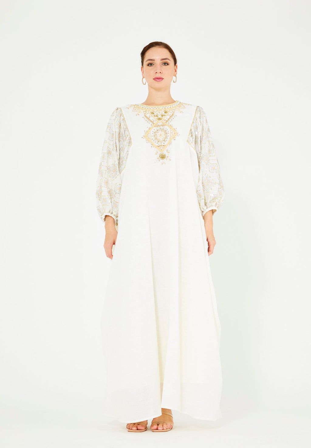 Bead Embellished Cowl Draped Kaftan Dress