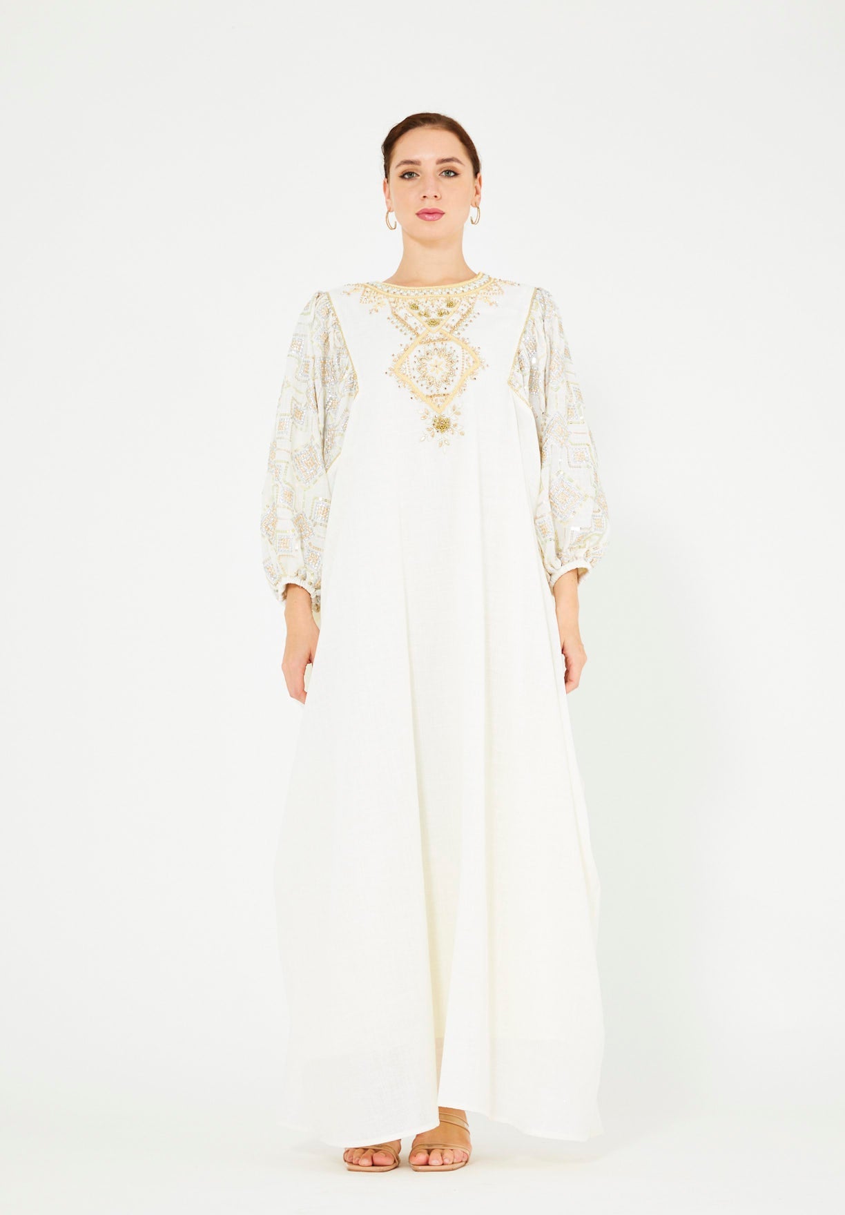 Bead Embellished Cowl Draped Kaftan Dress