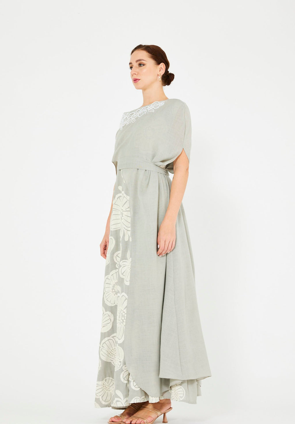 Aysmmetric Off Shoulder Contrast Floral Embellished Dress