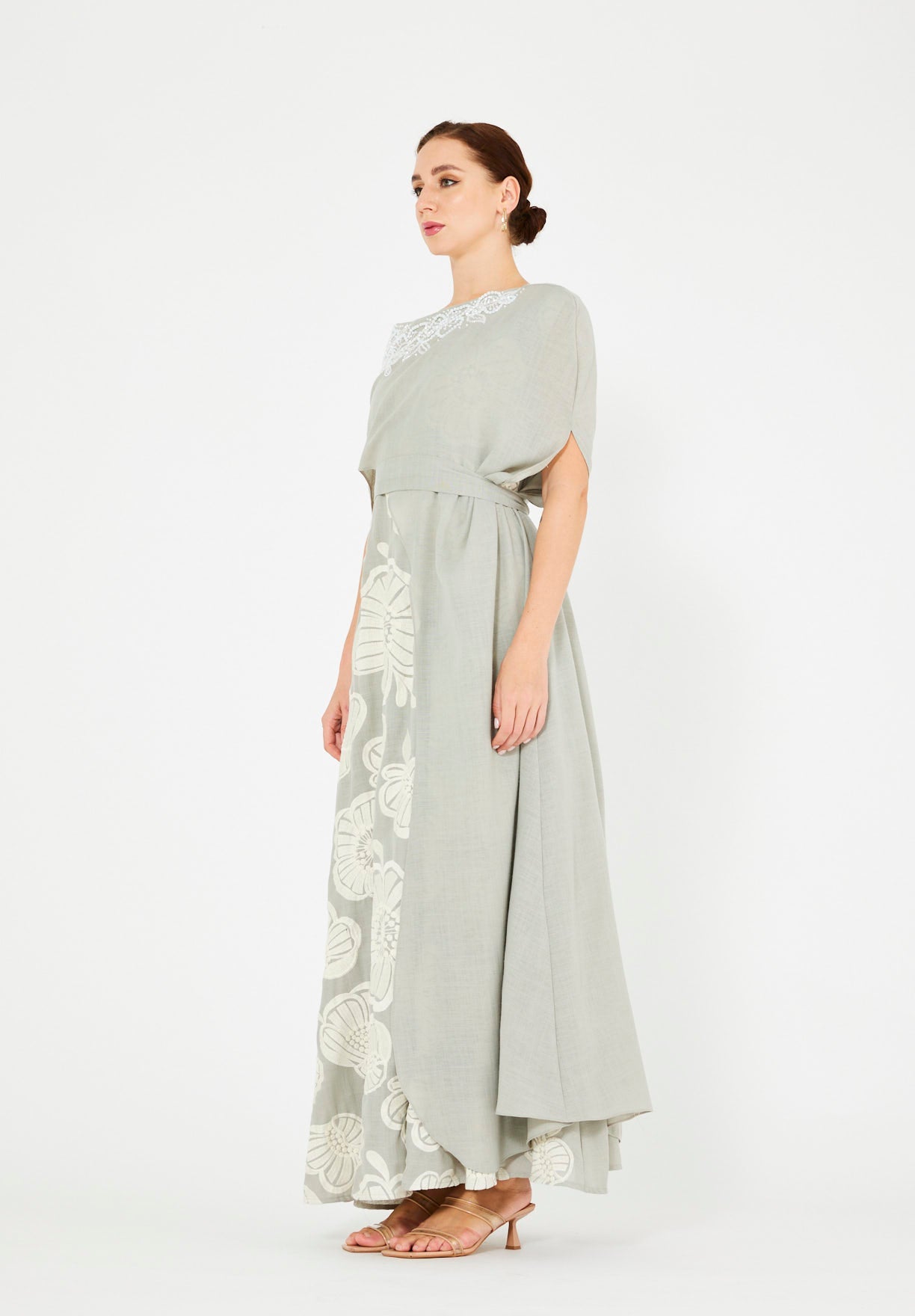 Aysmmetric Off Shoulder Contrast Floral Embellished Dress