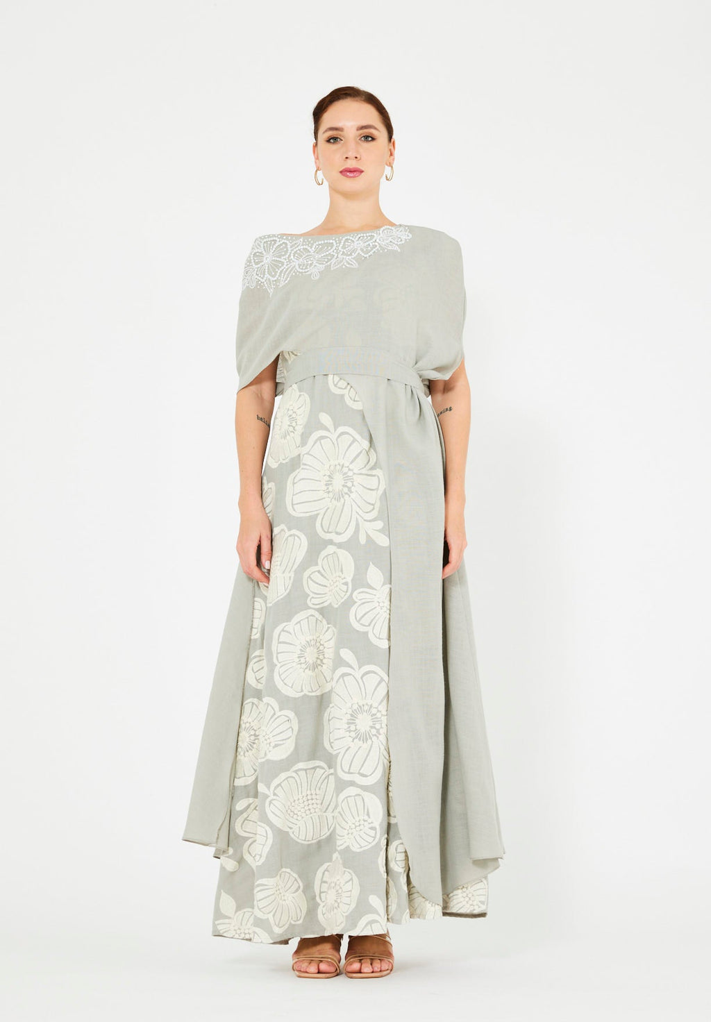 Aysmmetric Off Shoulder Contrast Floral Embellished Dress