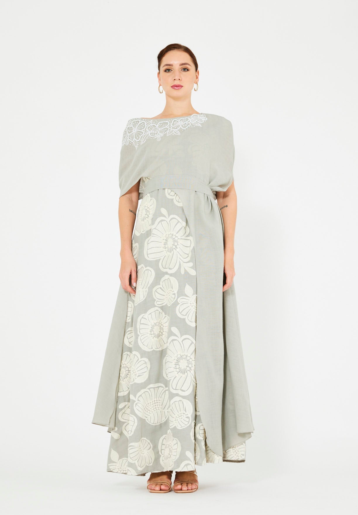 Aysmmetric Off Shoulder Contrast Floral Embellished Dress