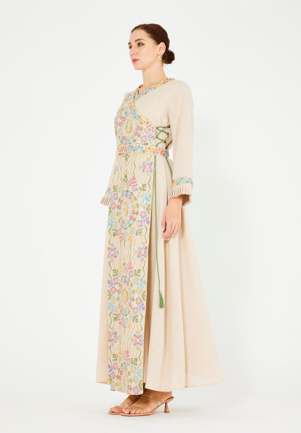 Wrap-Style Embellished Corded Lace Tie-Up Jalabiya