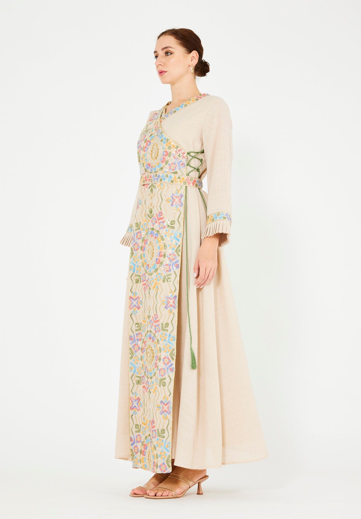 Wrap-Style Embellished Corded Lace Tie-Up Jalabiya