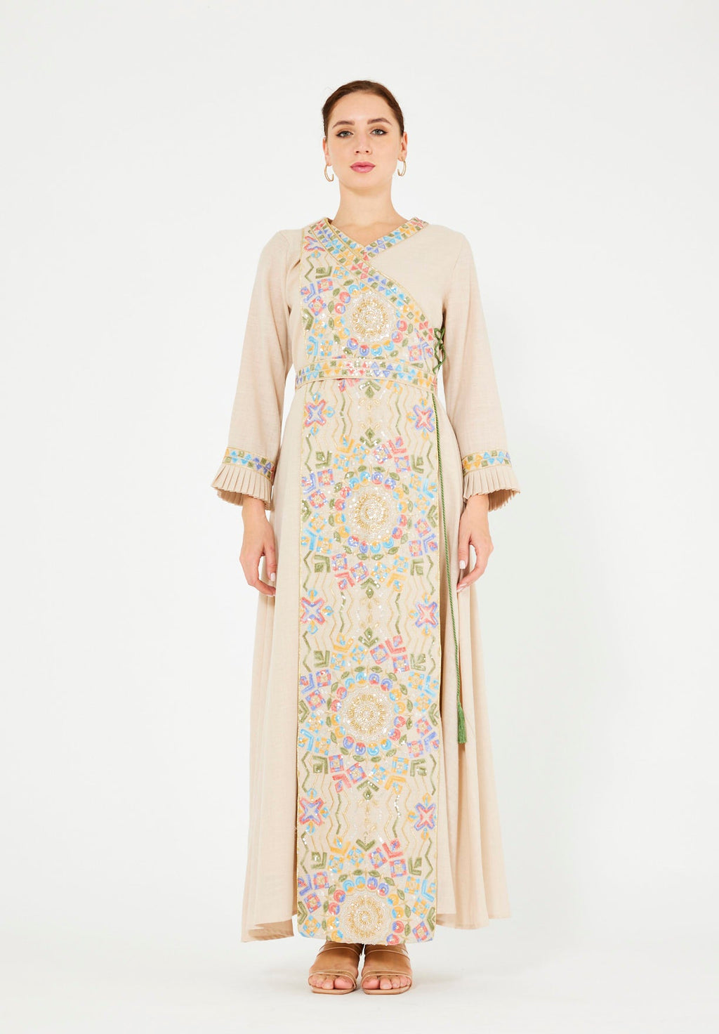 Wrap-Style Embellished Corded Lace Tie-Up Jalabiya