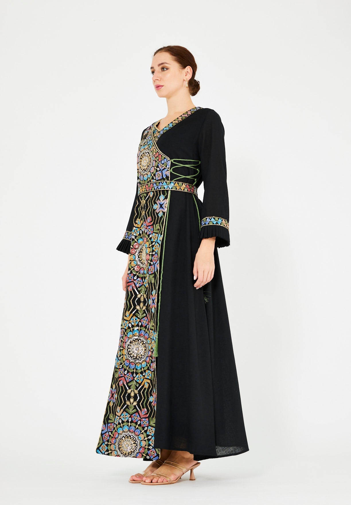 Wrap-Style Embellished Corded Lace Tie-Up Jalabiya