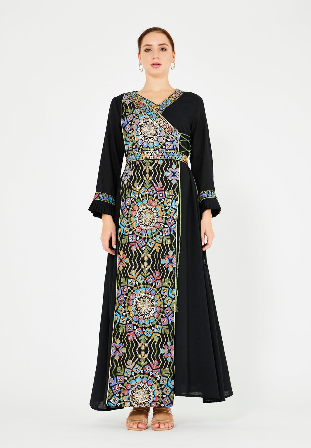 Wrap-Style Embellished Corded Lace Tie-Up Jalabiya