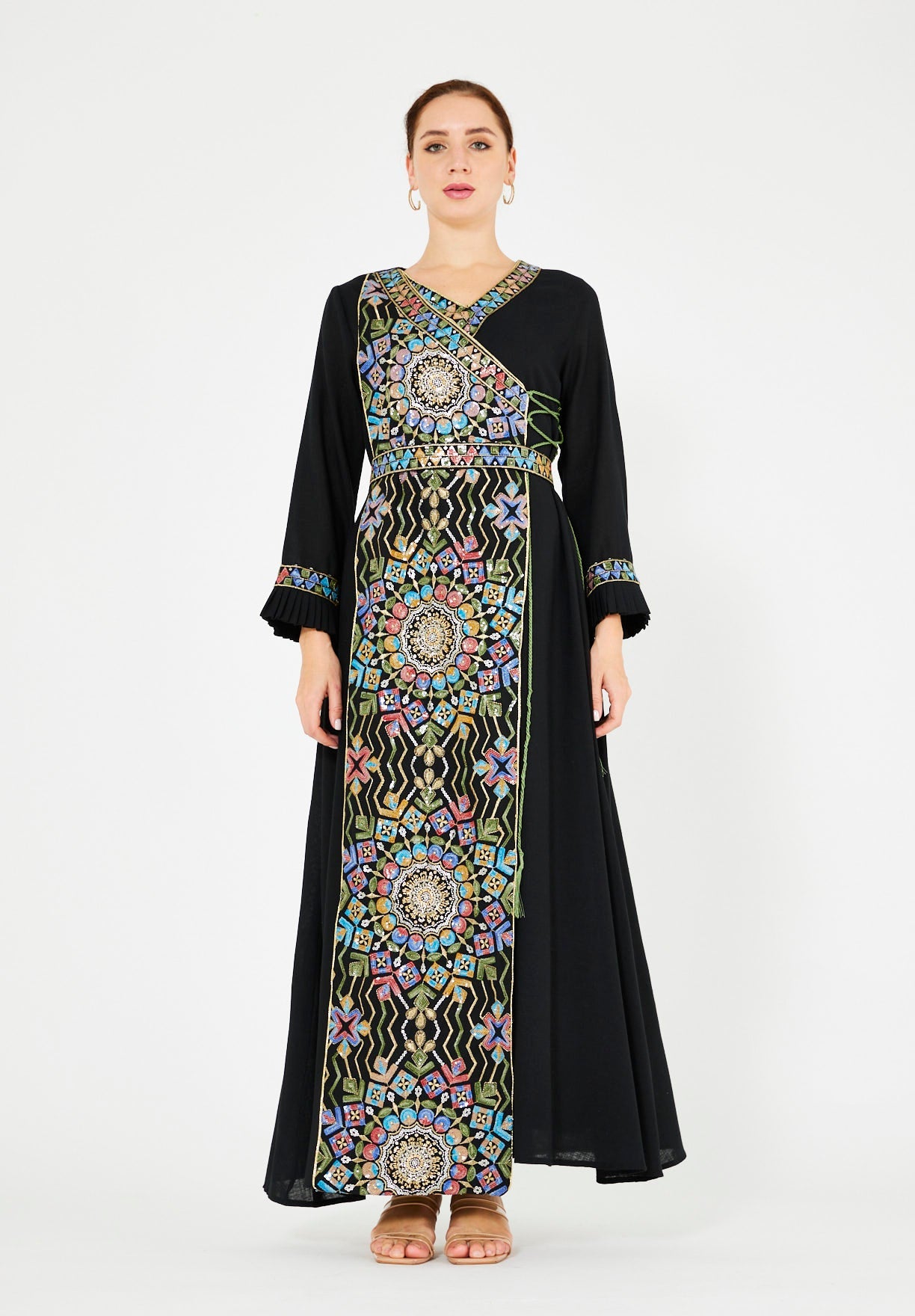 Wrap-Style Embellished Corded Lace Tie-Up Jalabiya