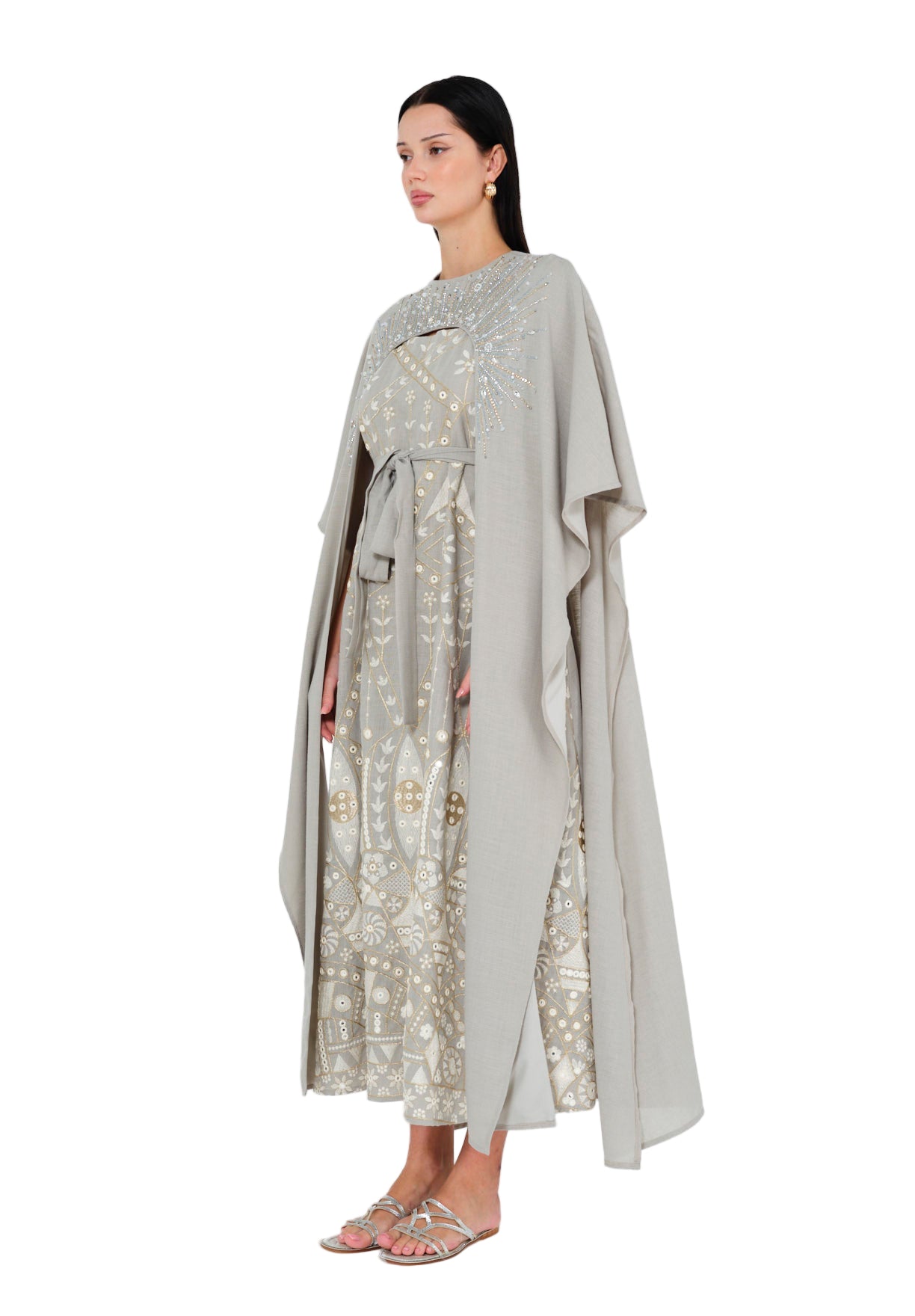 Embellished Grey Jalabiya with Flowing Cape
