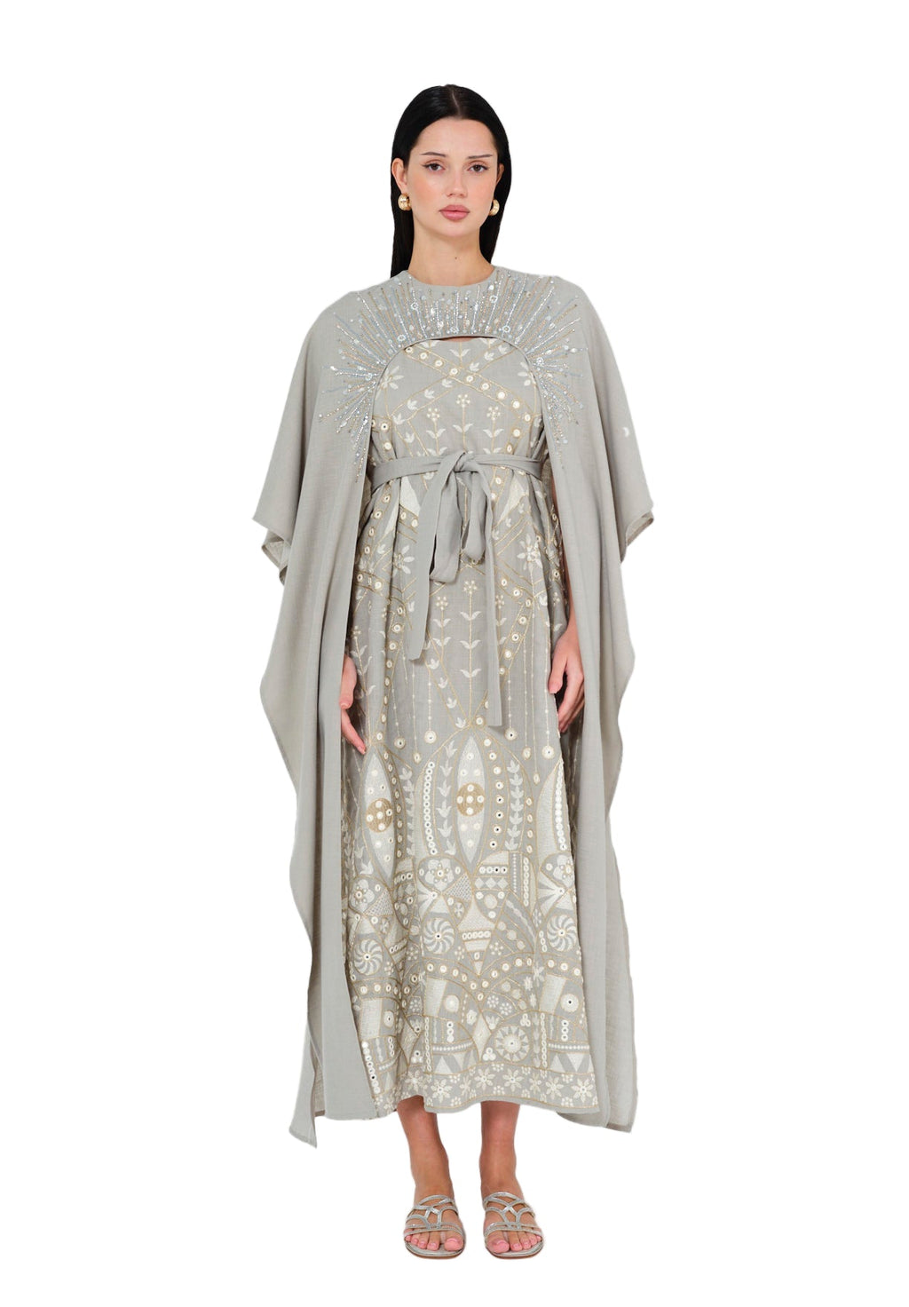 Embellished Grey Jalabiya with Flowing Cape