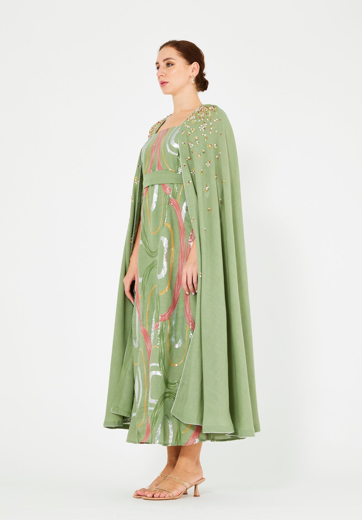 Embellished Cape Sleeve Abstract Pattern Dress