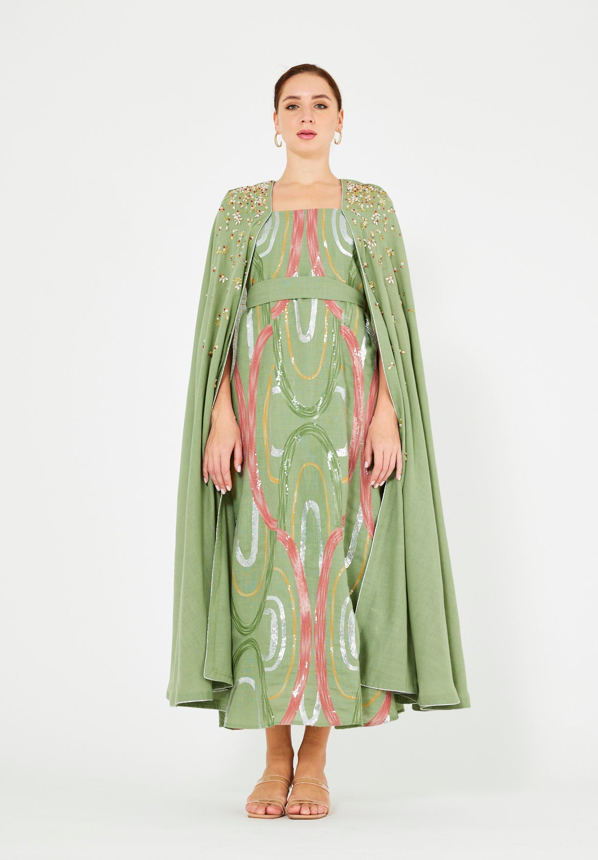 Embellished Cape Sleeve Abstract Pattern Dress