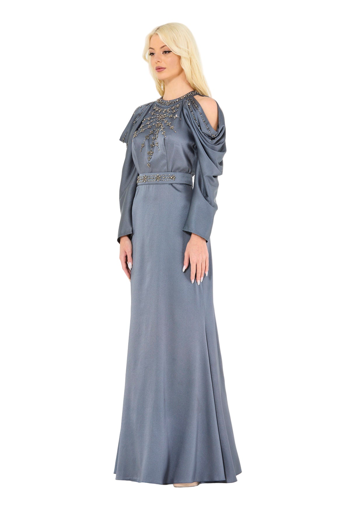 Dramatic Draped Sleeves Embellished Gown