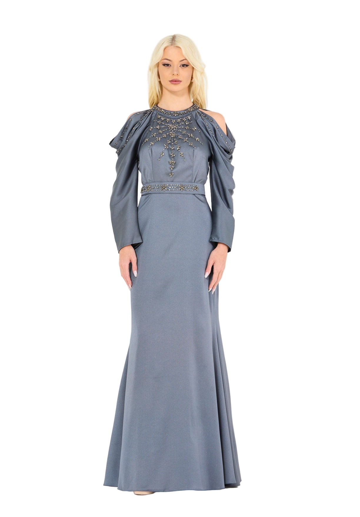 Dramatic Draped Sleeves Embellished Gown