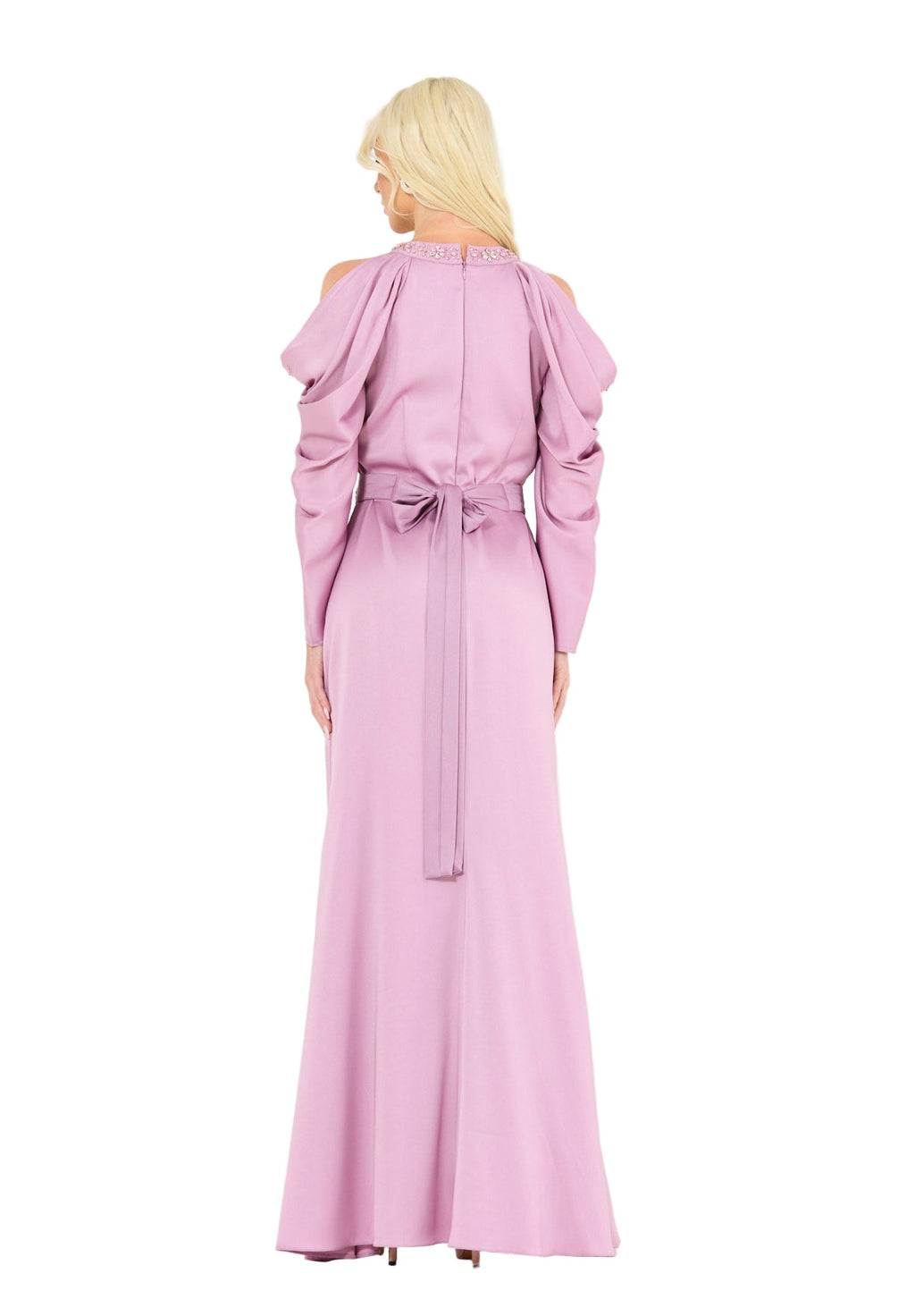 Dramatic Draped Sleeves Embellished Gown